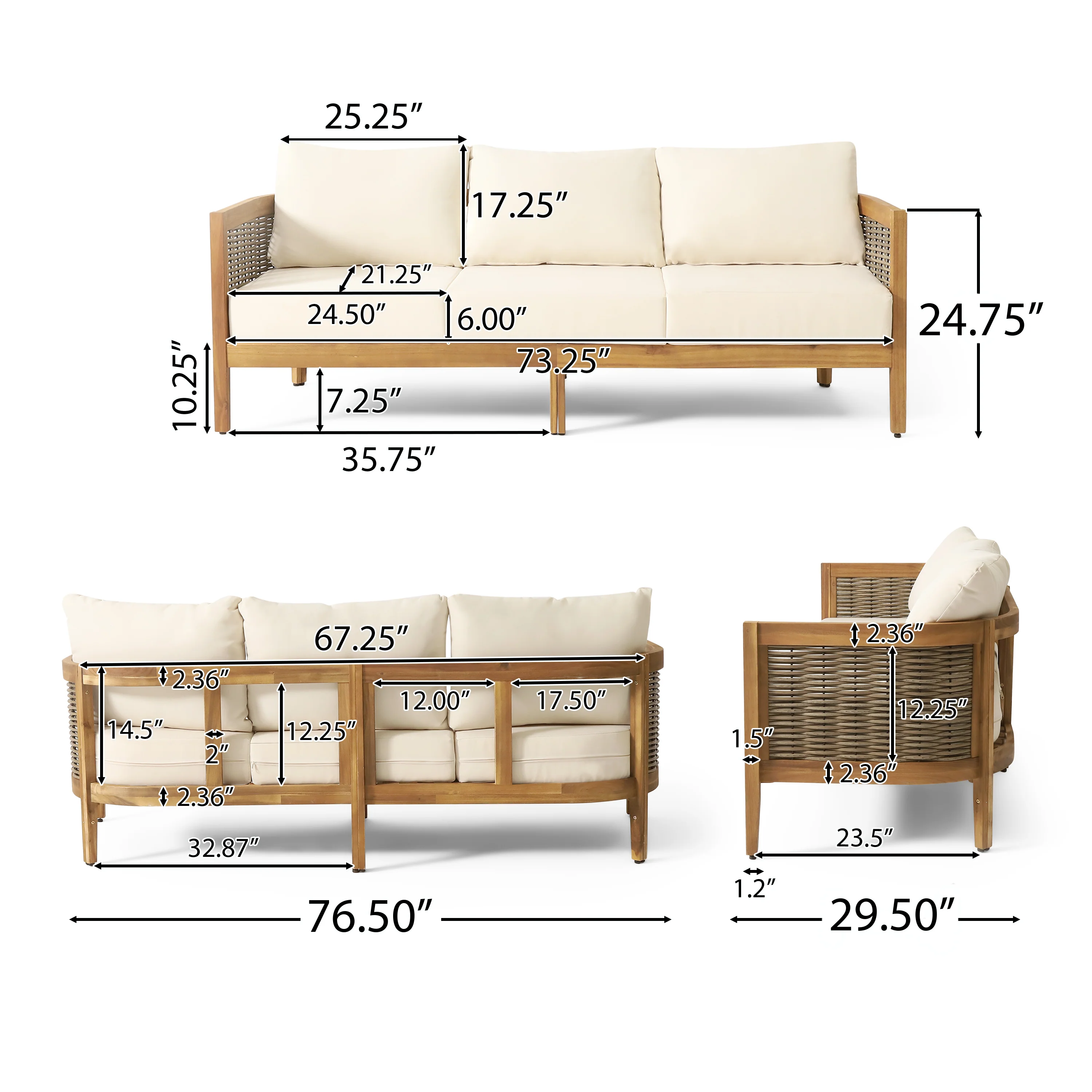 The Crowne Collection Outdoor Acacia Wood and Round Wicker 3 Seater Sofa with Cushions, Teak, Mixed Brown, and Beige - furnishings