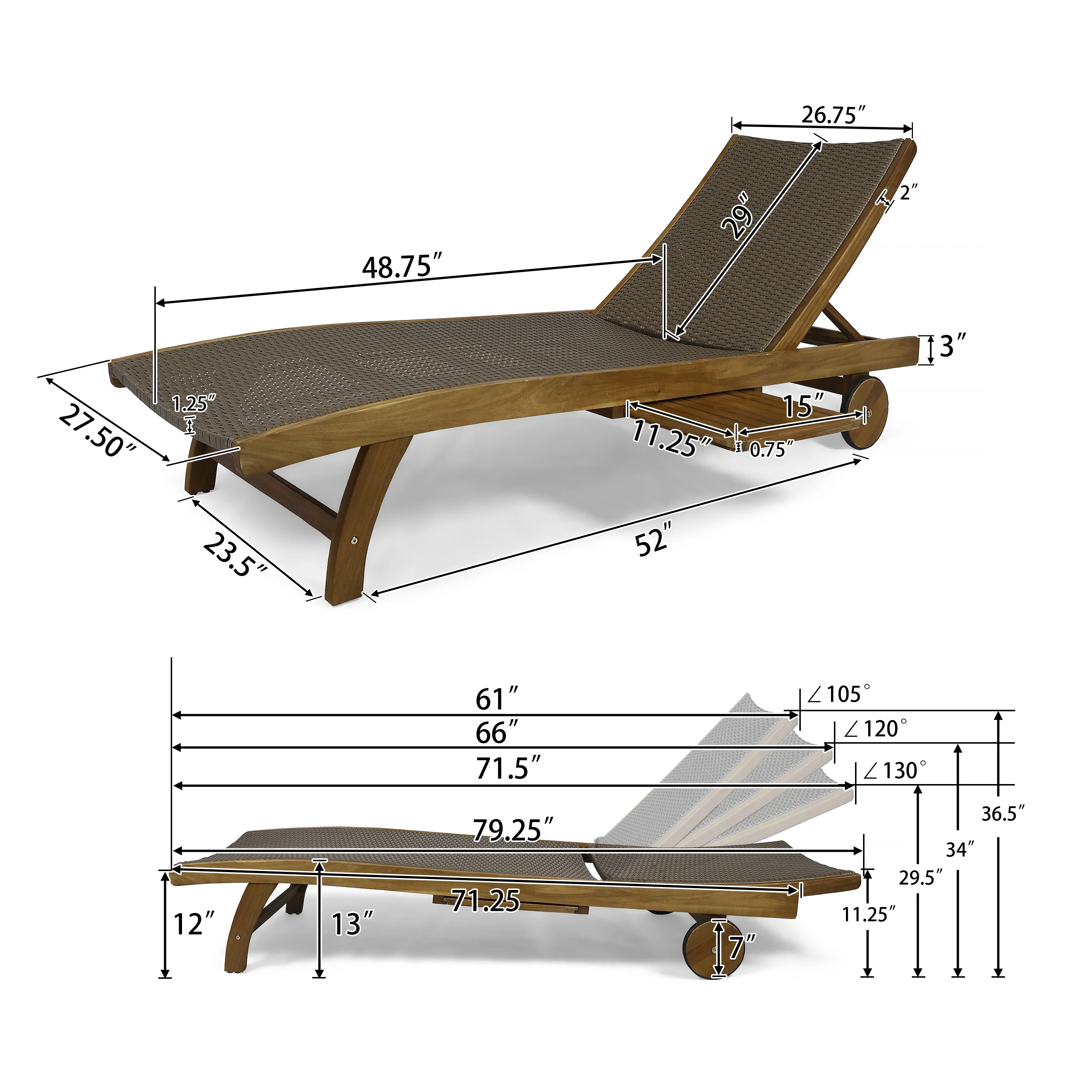Yedda Outdoor Wicker and Wood Chaise Lounge with Pull-Out Tray - furnishings