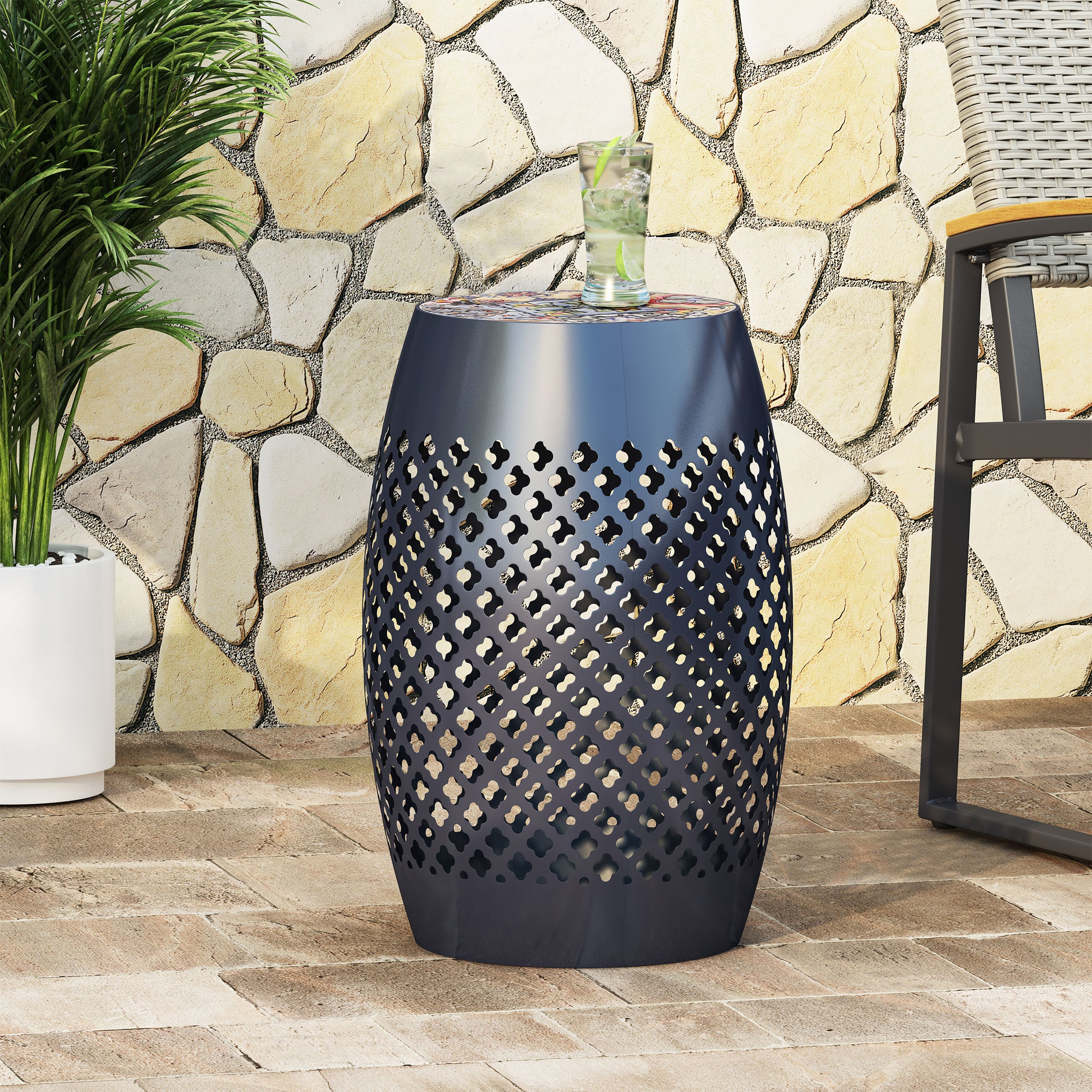 Kalyse Outdoor Lace Cut Side Table with Tile Top - furnishings
