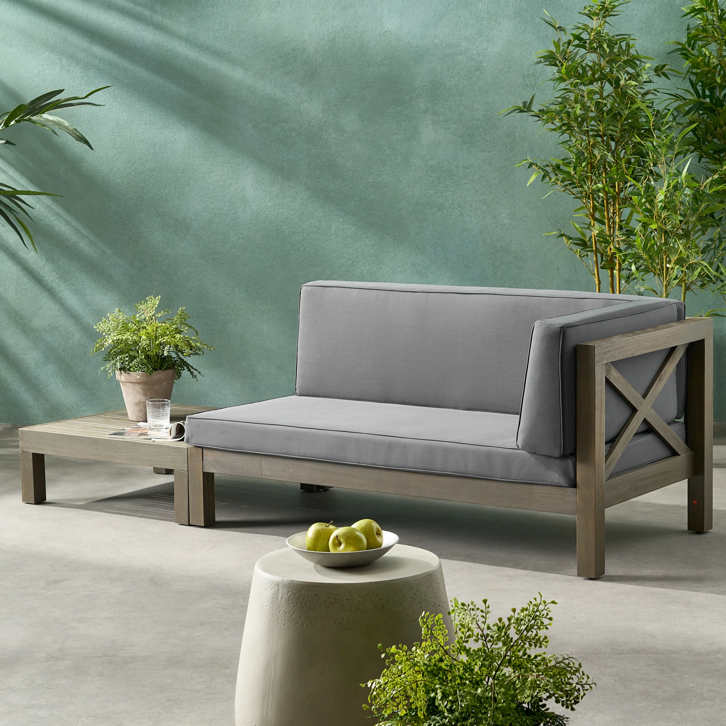 Keith Outdoor Acacia Wood Right Arm Loveseat and Coffee Table Set with Cushion - furnishings