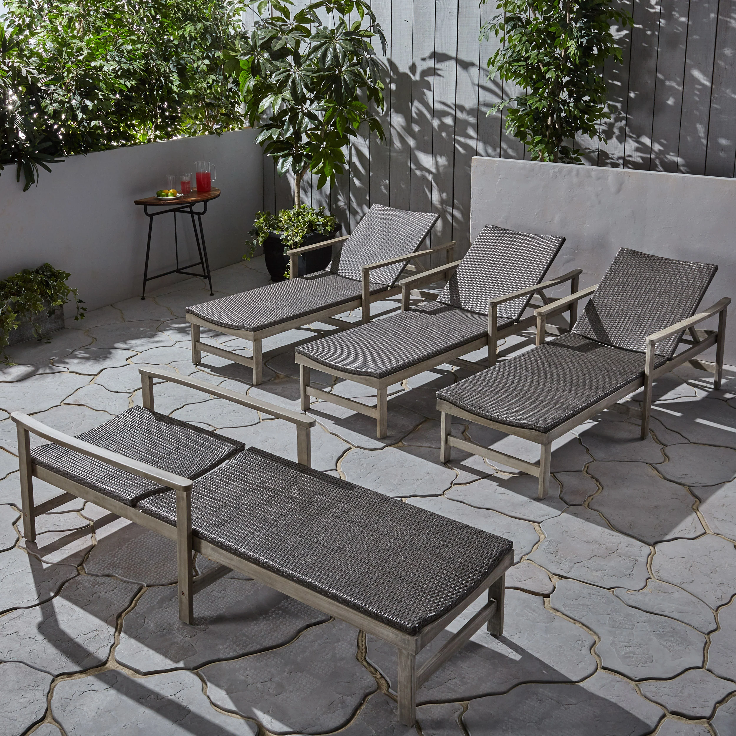 Kyle Outdoor Rustic Acacia Wood Chaise Lounge with Wicker Seating - furnishings