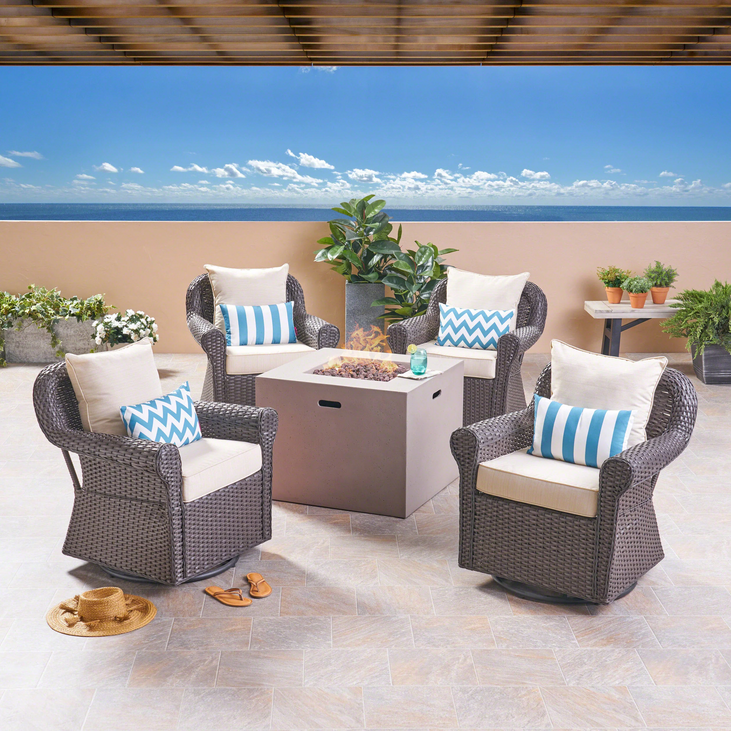 Lustar Outdoor 4 Piece Swivel Club Chair Set with Square Fire Pit - furnishings