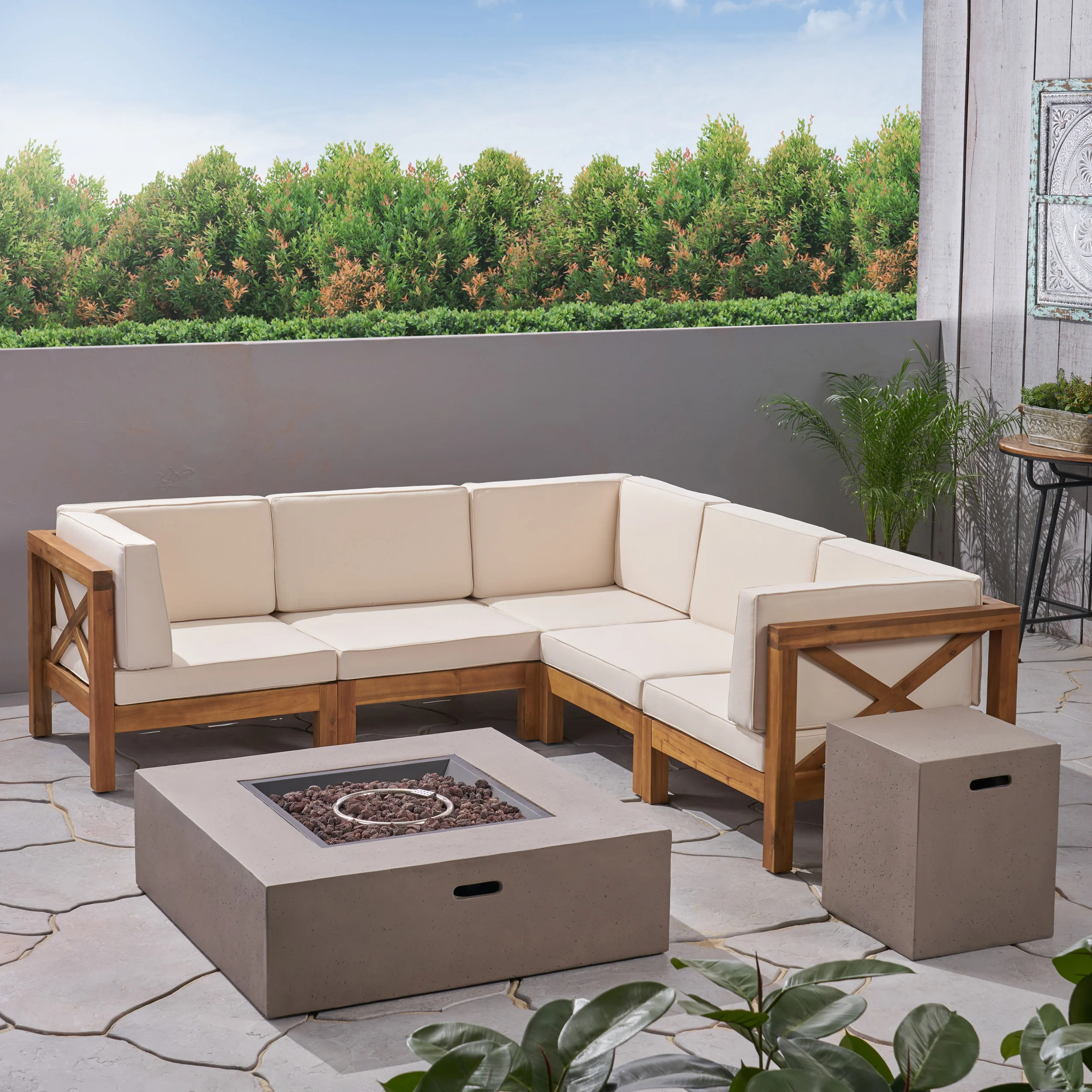 Cynthia Outdoor Acacia Wood 5 Seater Sectional Sofa Set with Fire Pit - furnishings
