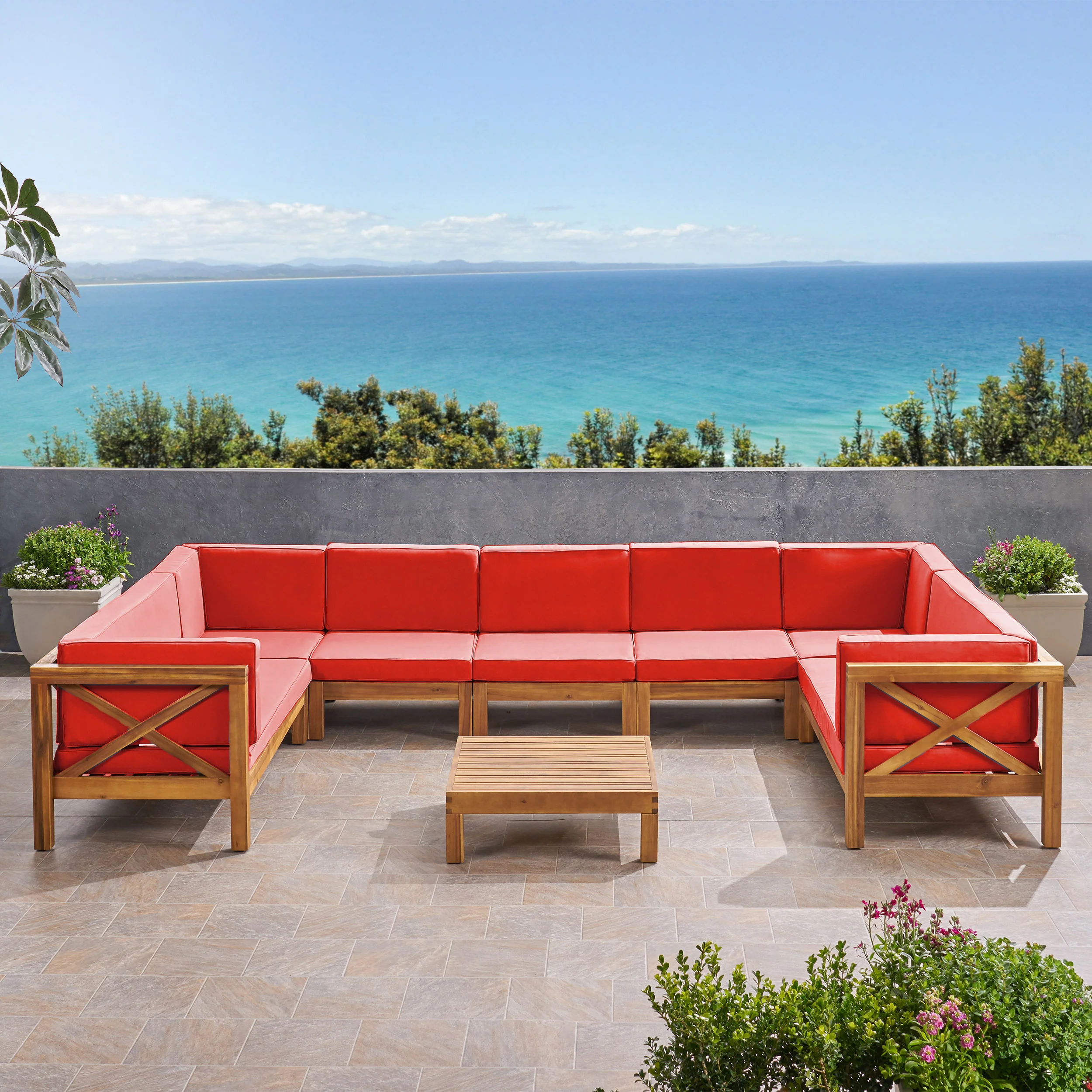 Isabella Outdoor 9 Seater Acacia Wood Sectional Sofa Set - furnishings