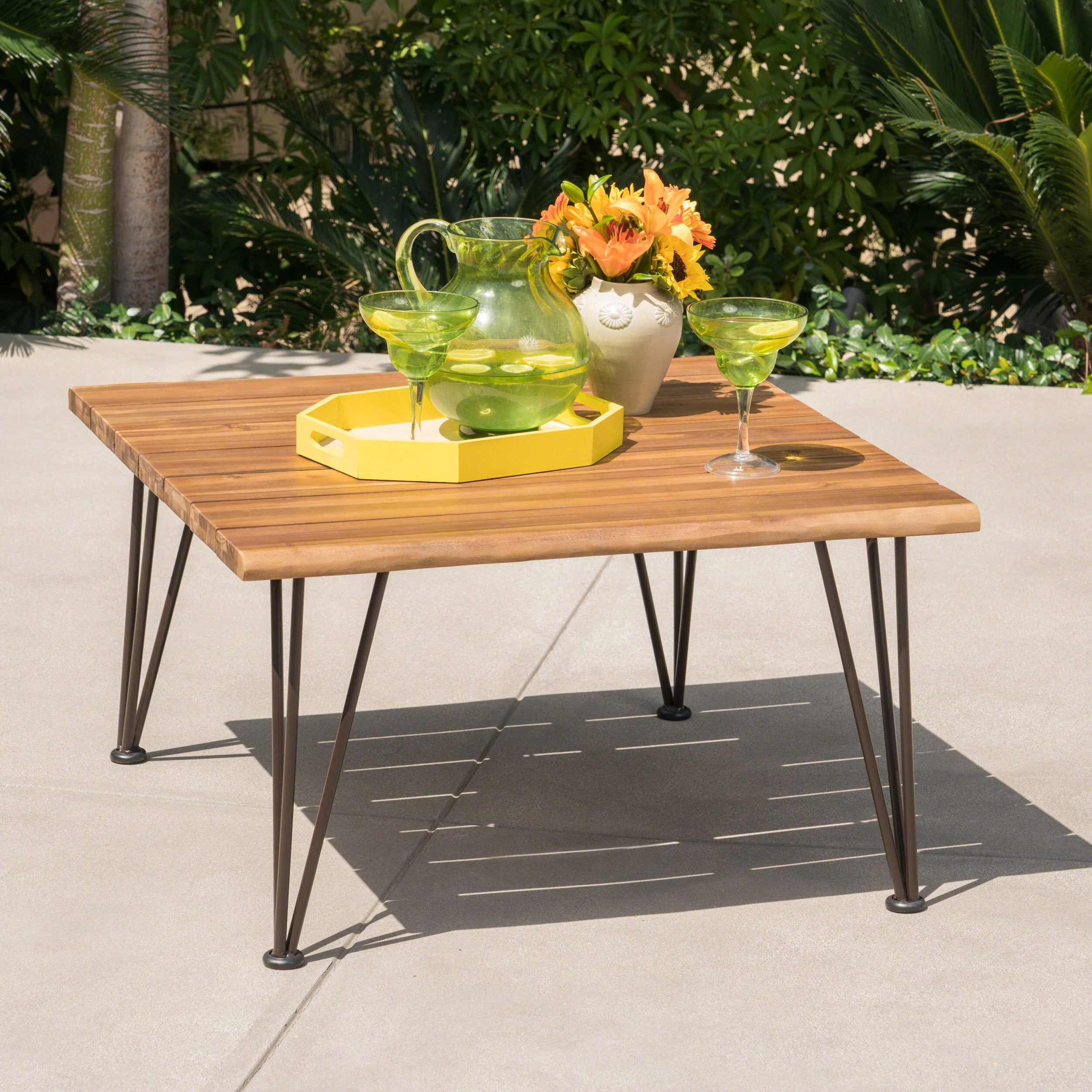 Avy Outdoor Rustic Industrial Acacia Wood Coffee Table with Metal Hairpin Legs, Teak - furnishings