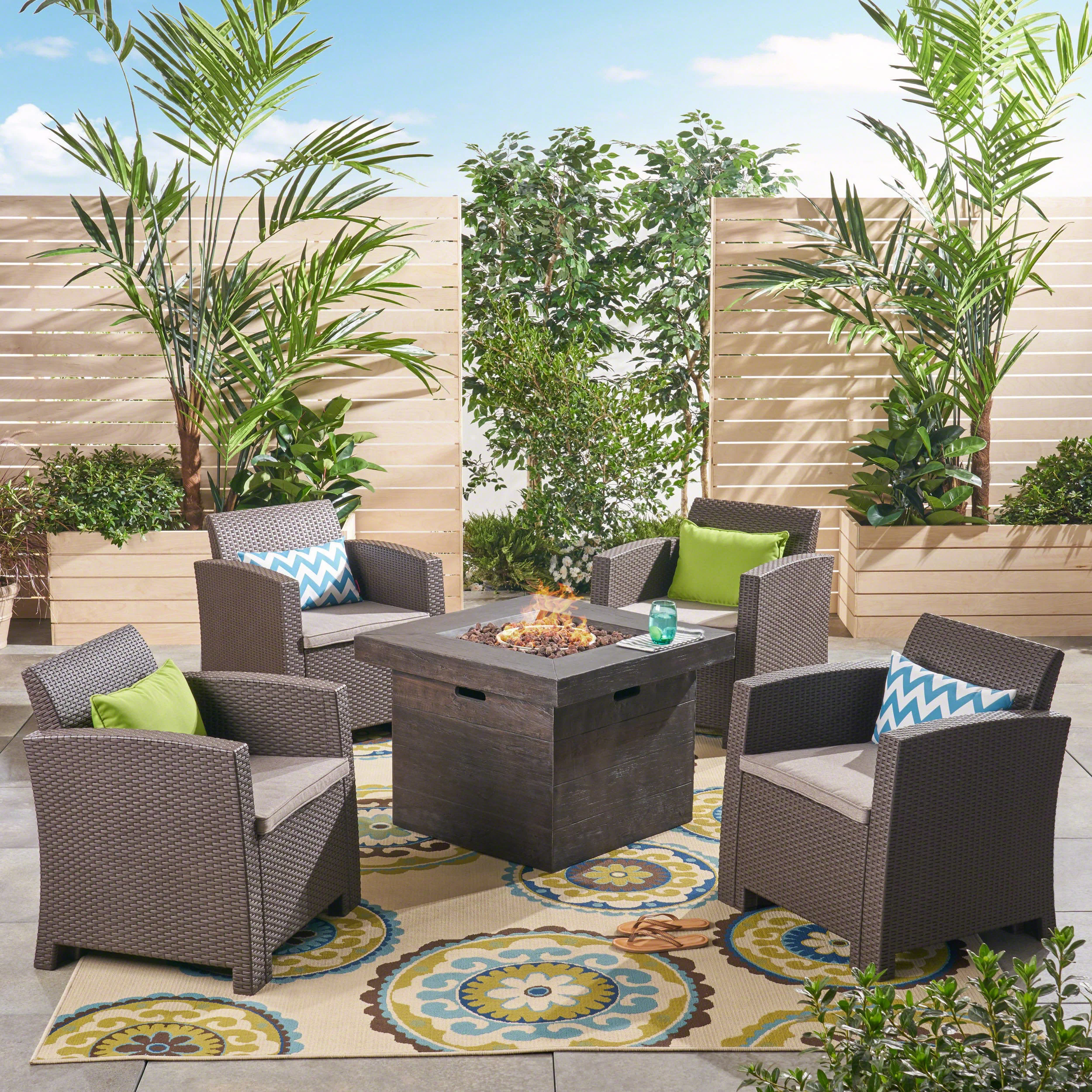 Ollie Outdoor 4-Seater Wicker Print Club Chat Chair Set with Fire Pit - furnishings