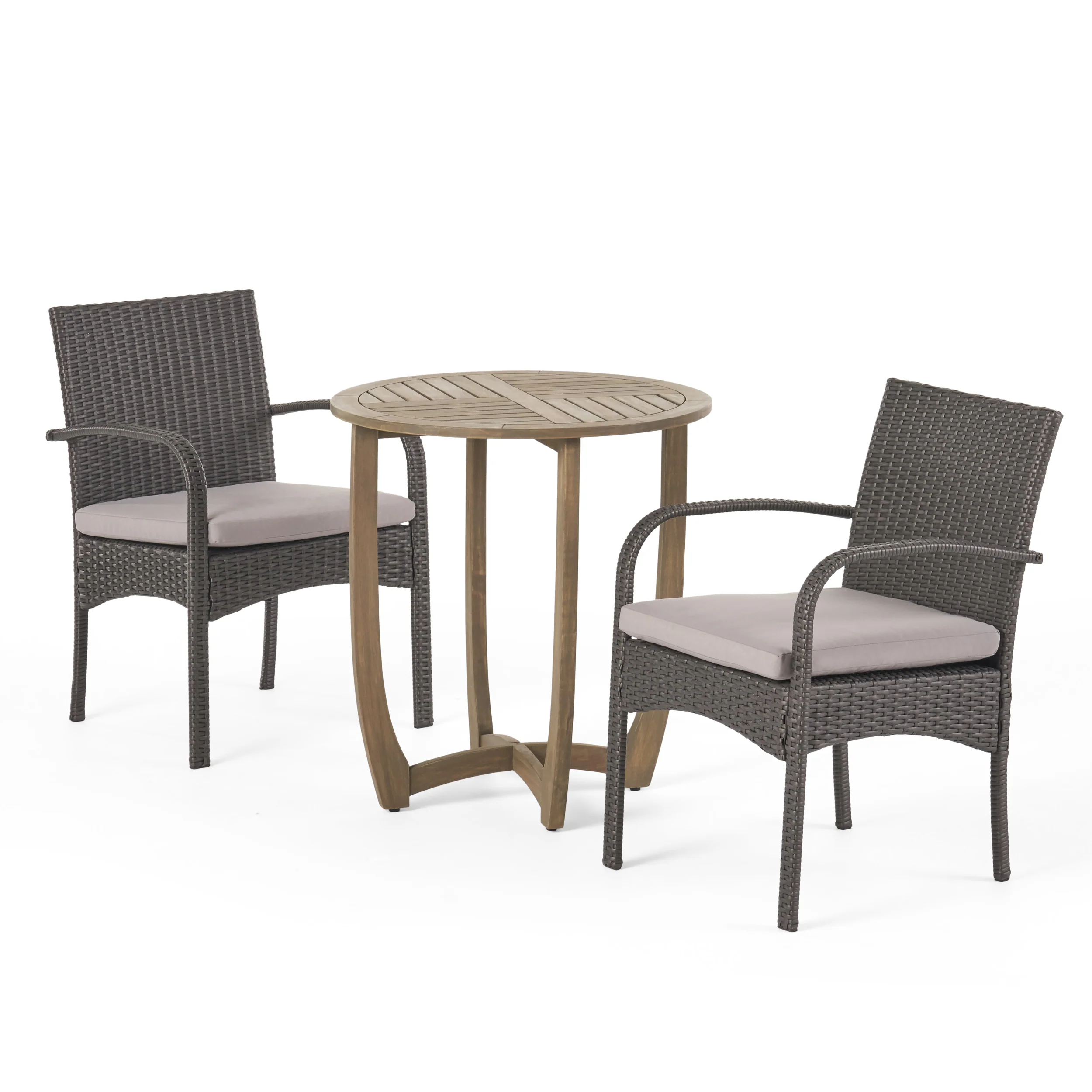 Jerica Outdoor 3 Piece Wood and Wicker Bistro Set, Gray and Gray - furnishings