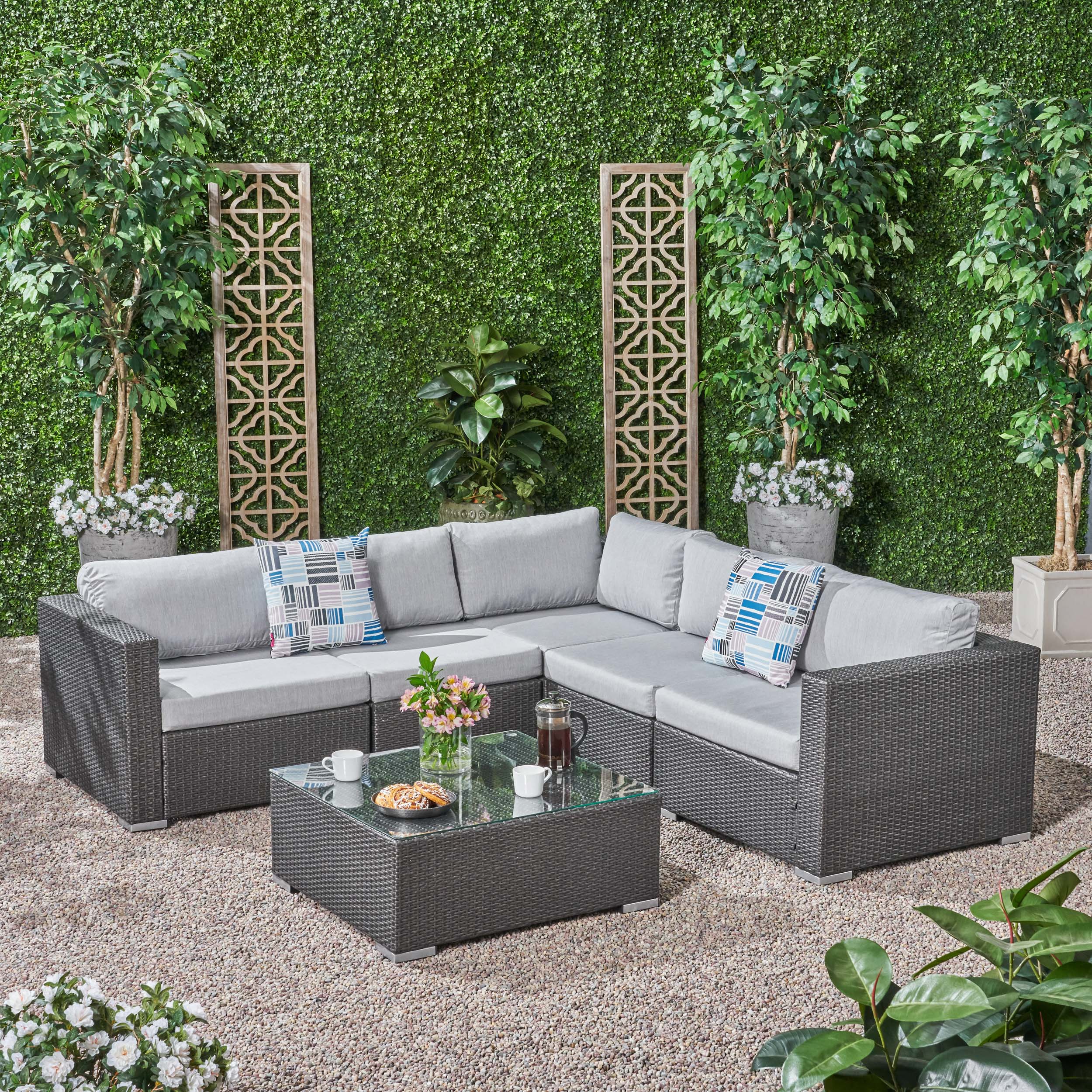 Kyra Outdoor 5 Seater Wicker Sectional Sofa Set with Sunbrella Cushions - furnishings
