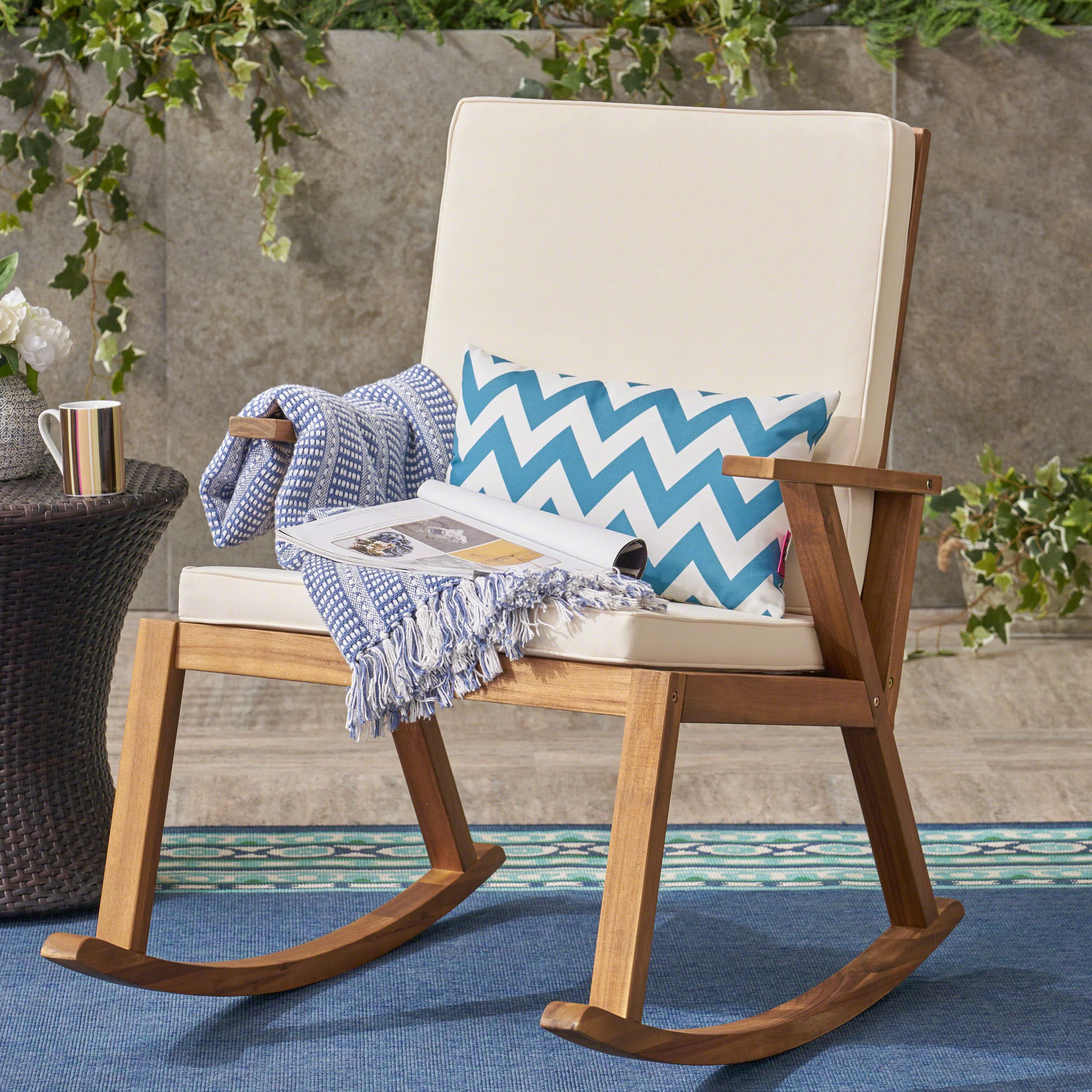 Andy Outdoor Acacia Wood Rocking Chair with Water-Resistant Cushions - furnishings