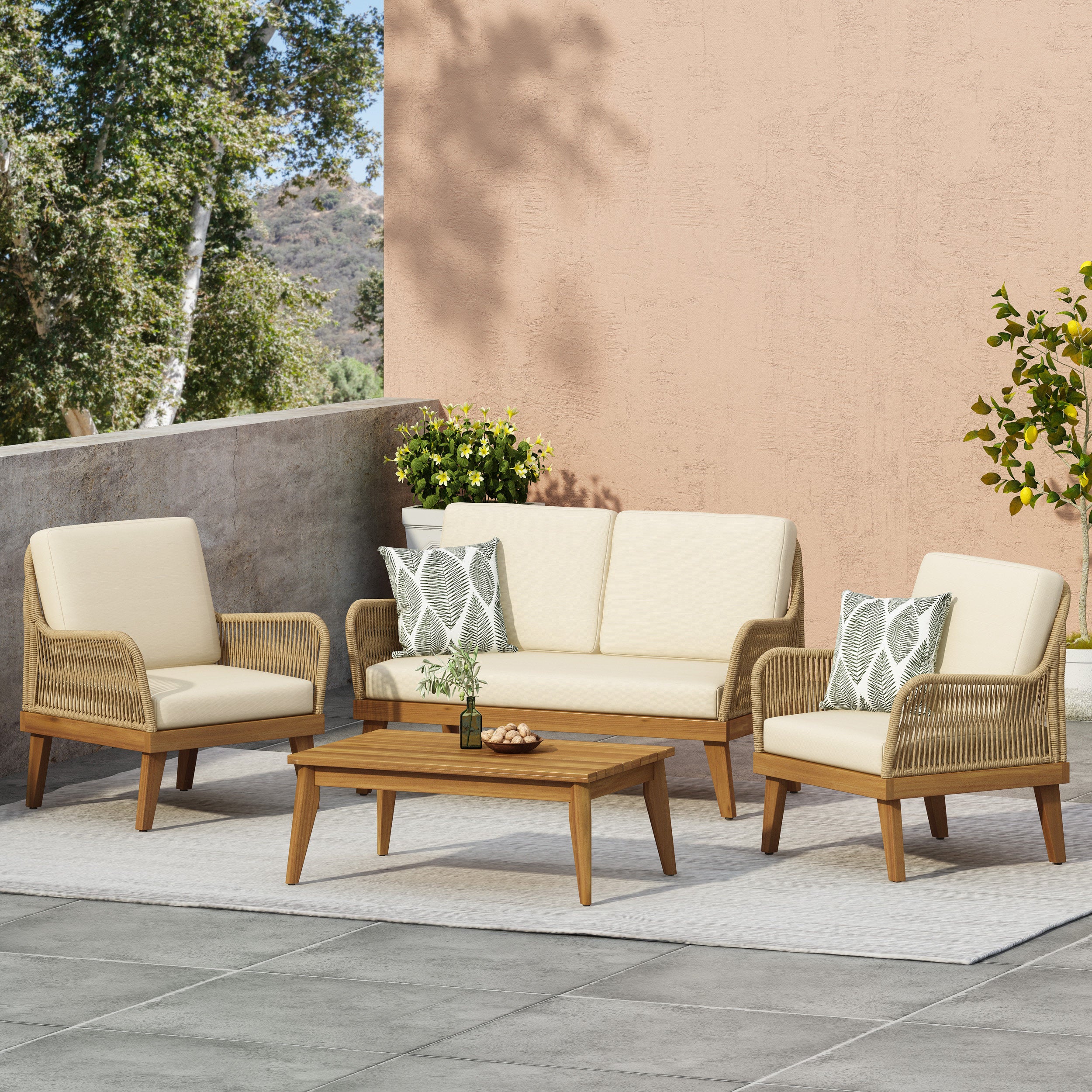 Hueber Outdoor Acacia Wood Chat Set with Cushion, Teak, Light Brown, and Beige - furnishings