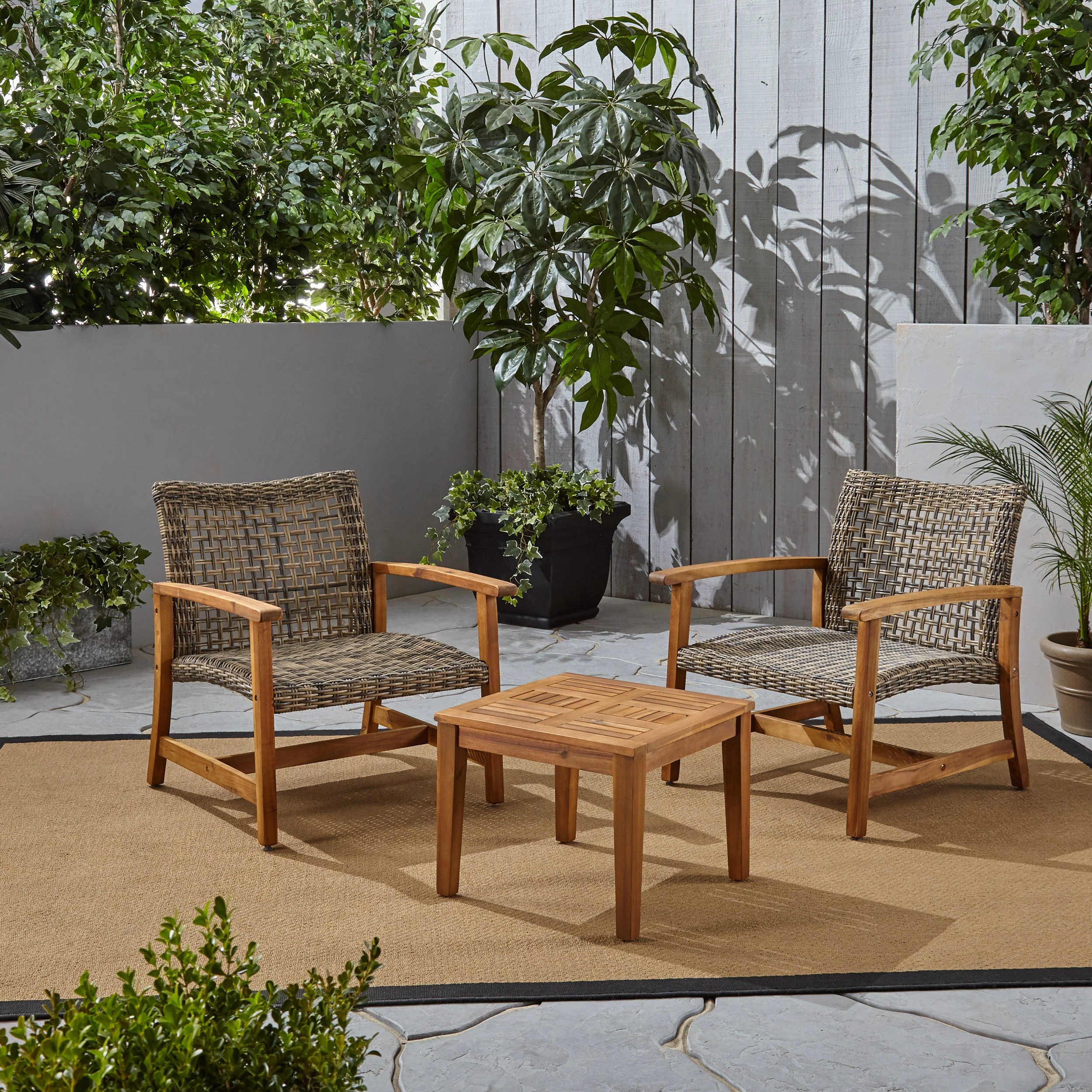 Alyssa Outdoor 3 Piece Wood and Wicker Club Chairs and Side Table Set - furnishings