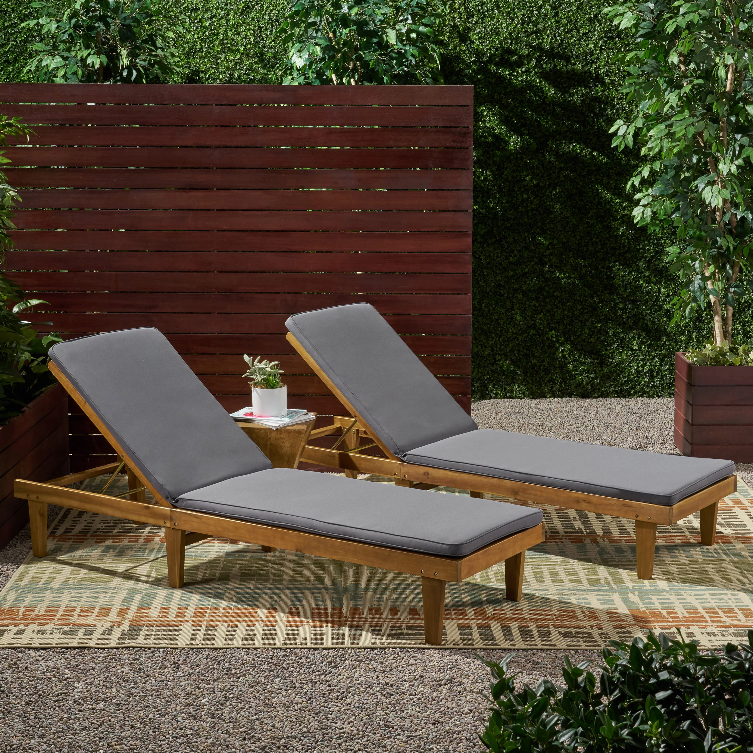 Nadine Outdoor Modern Acacia Wood Chaise Lounge with Cushion (Set of 2) - furnishings