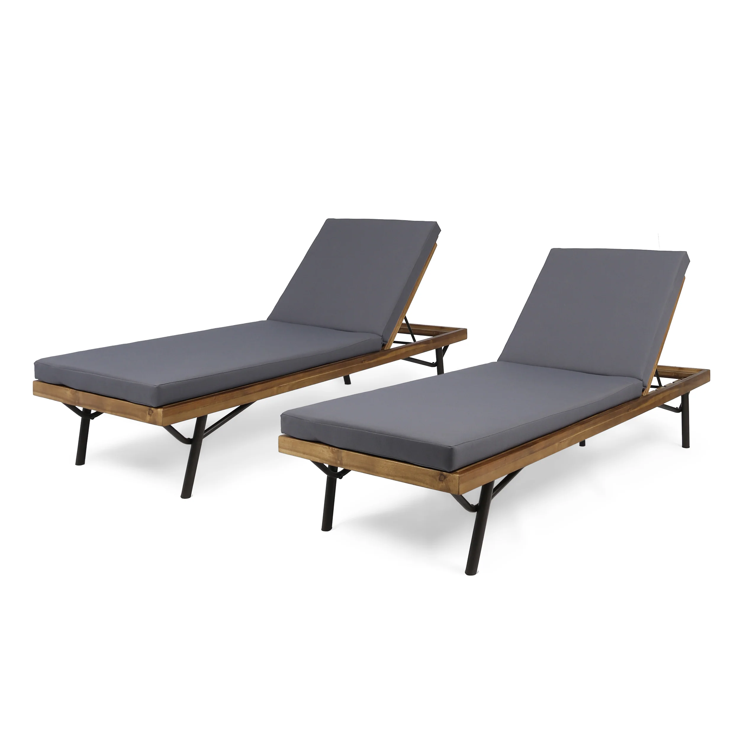 Eileen Outdoor Chaise Lounges, Acacia Wood and Eucalyptus, Outdoor Cushions, Teak, Rustic Metal, Dark Gray (Set of 2) - furnishings