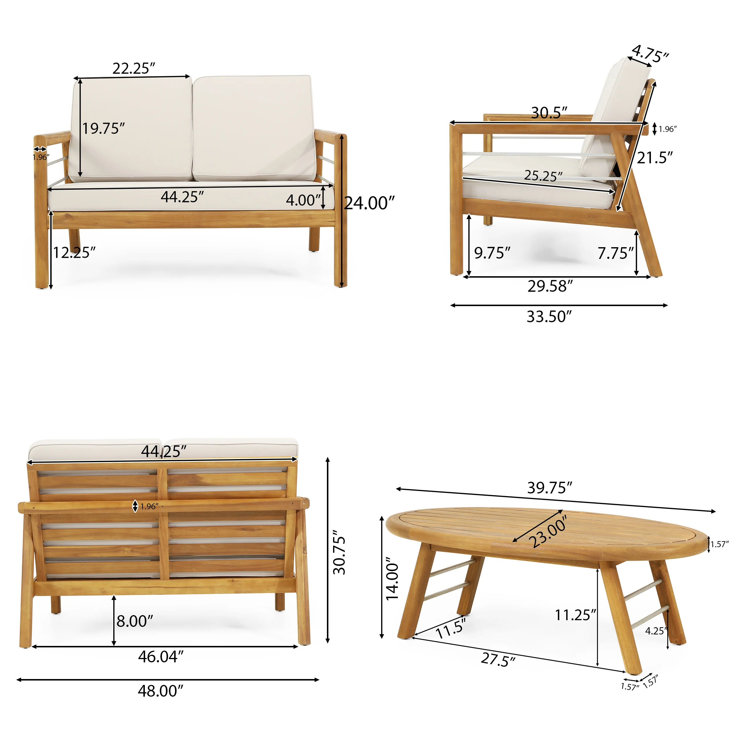 Lindsey Outdoor Acacia Wood 4 Seater Chat Set with Cushions, Beige and Teak - furnishings