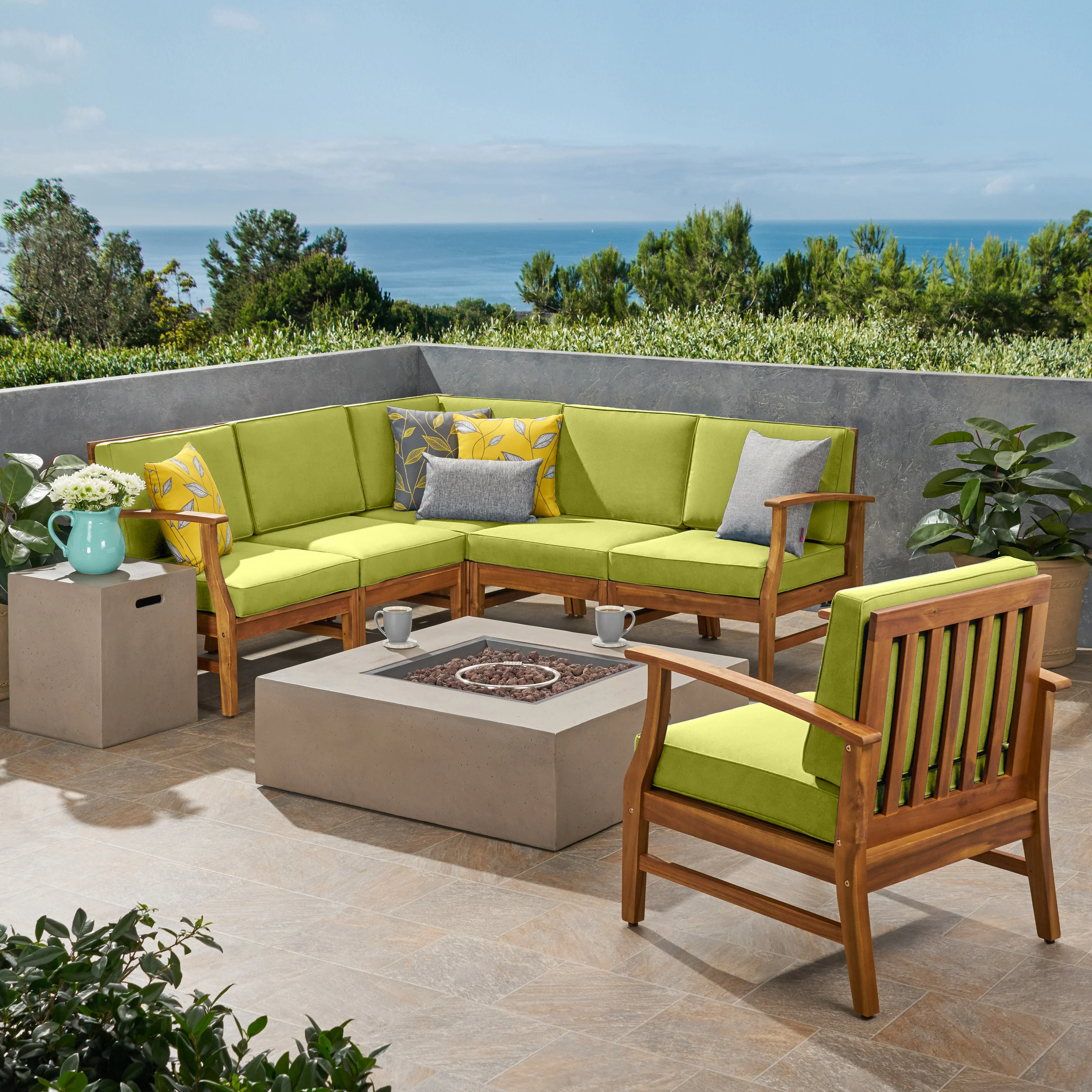 Nyeemah Outdoor 6 Seater Acacia Wood Sofa Set with Square Fire Table and Tank - furnishings