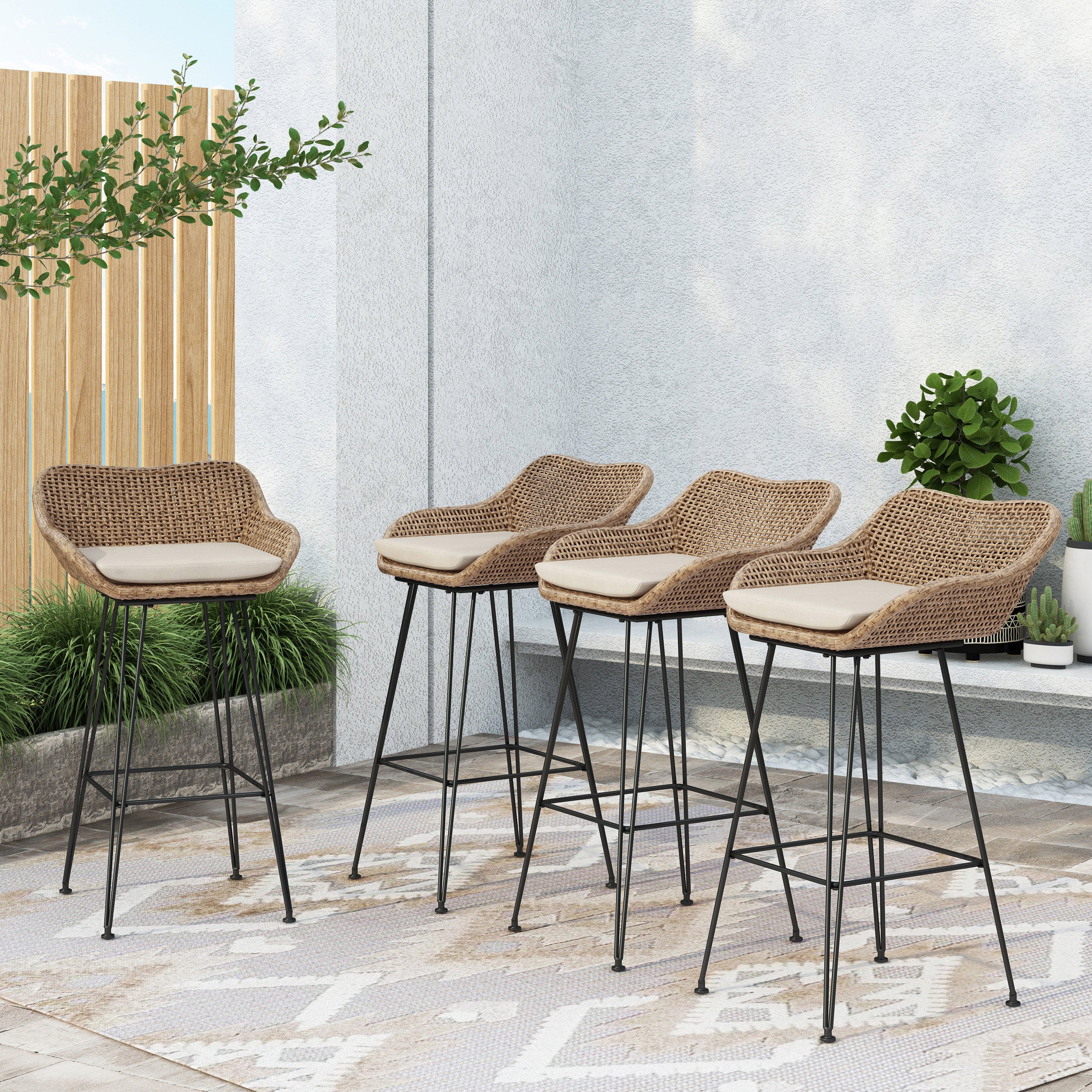 Pondway Outdoor Wicker and Iron Barstools with Cushion, Set of 4 - furnishings