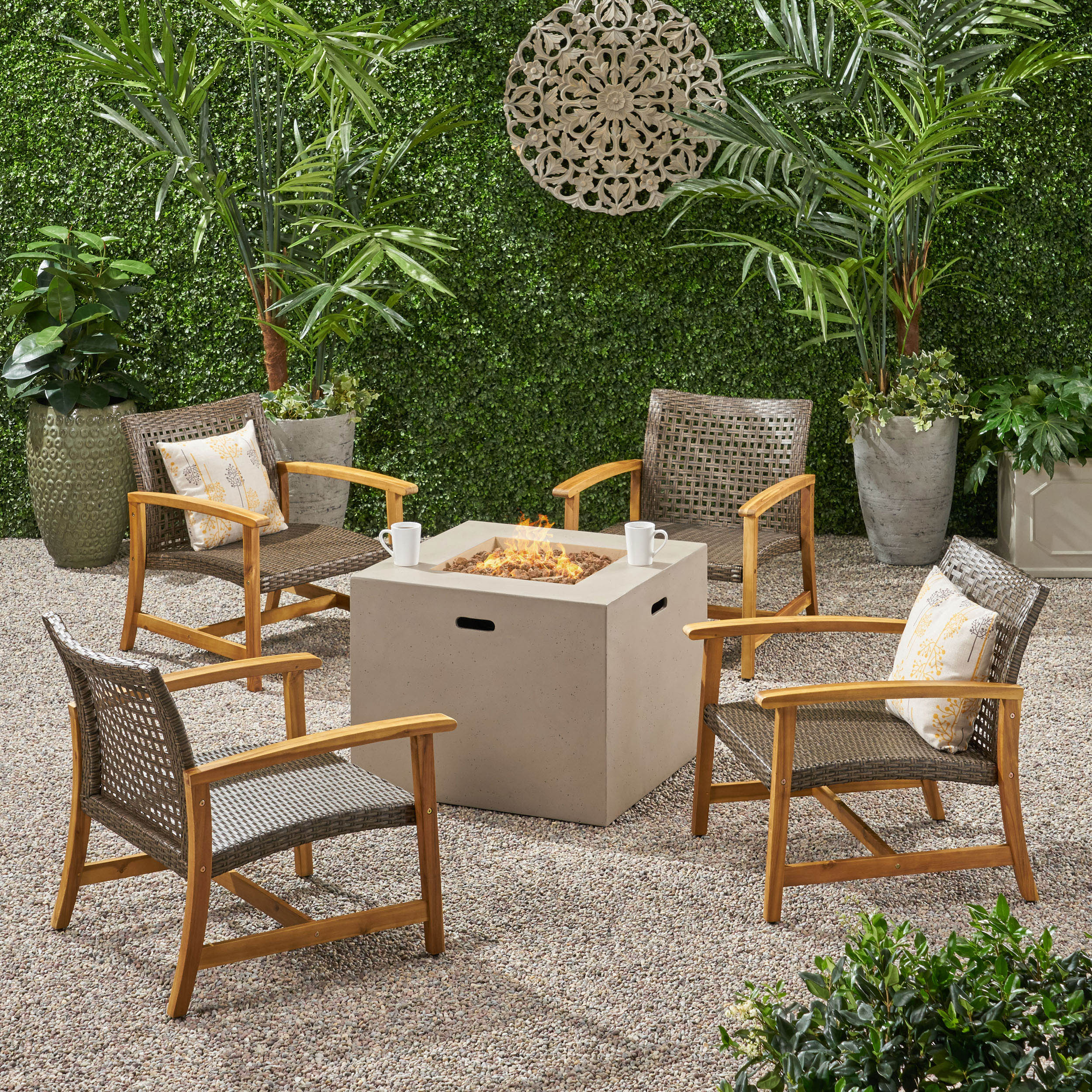 Carry Outdoor 5 Piece Wood and Wicker Club Chairs and Fire Pit Set - furnishings