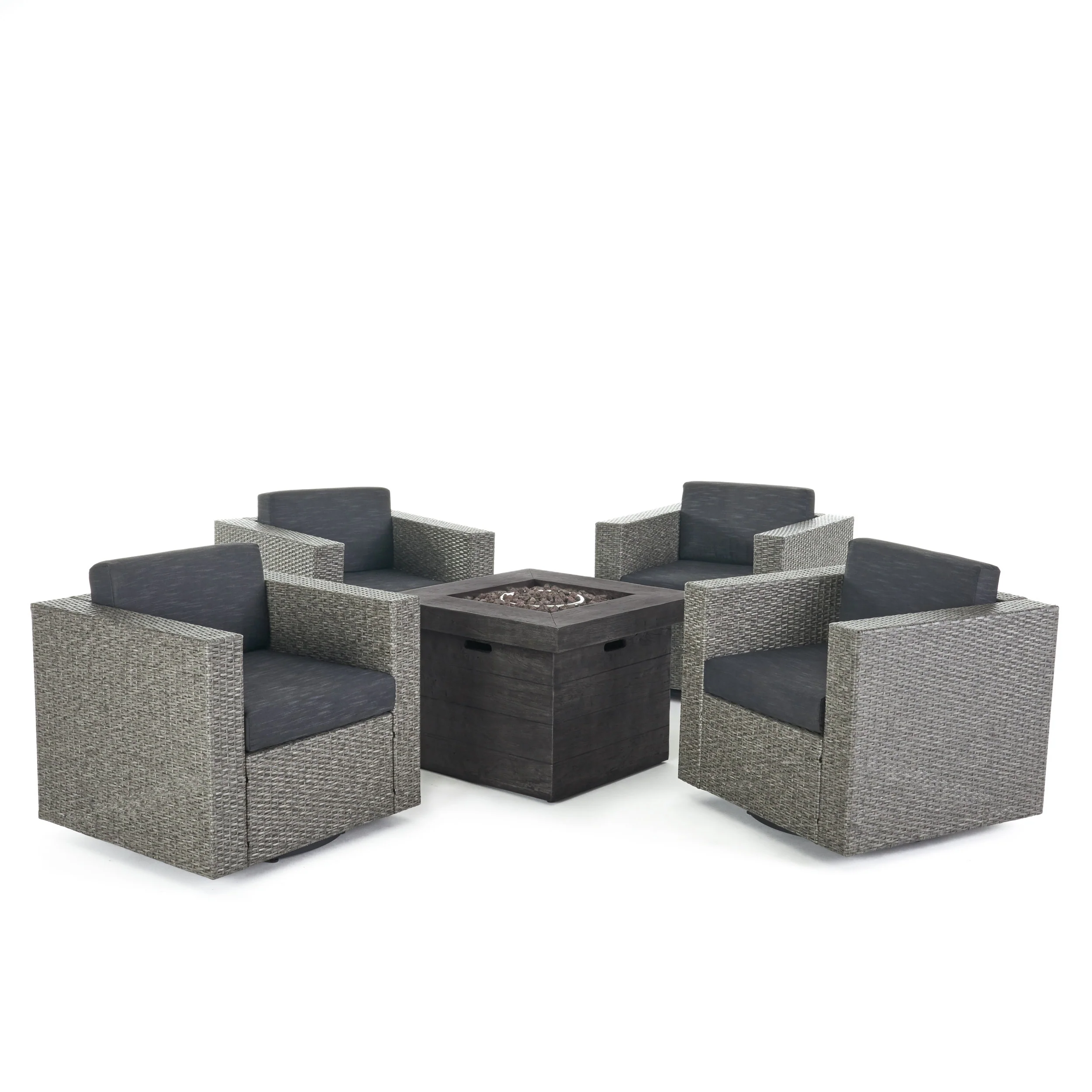 Venice Outdoor 5 Piece Chat Set with Mixed Black Wicker Chairs and Fire Pit - furnishings