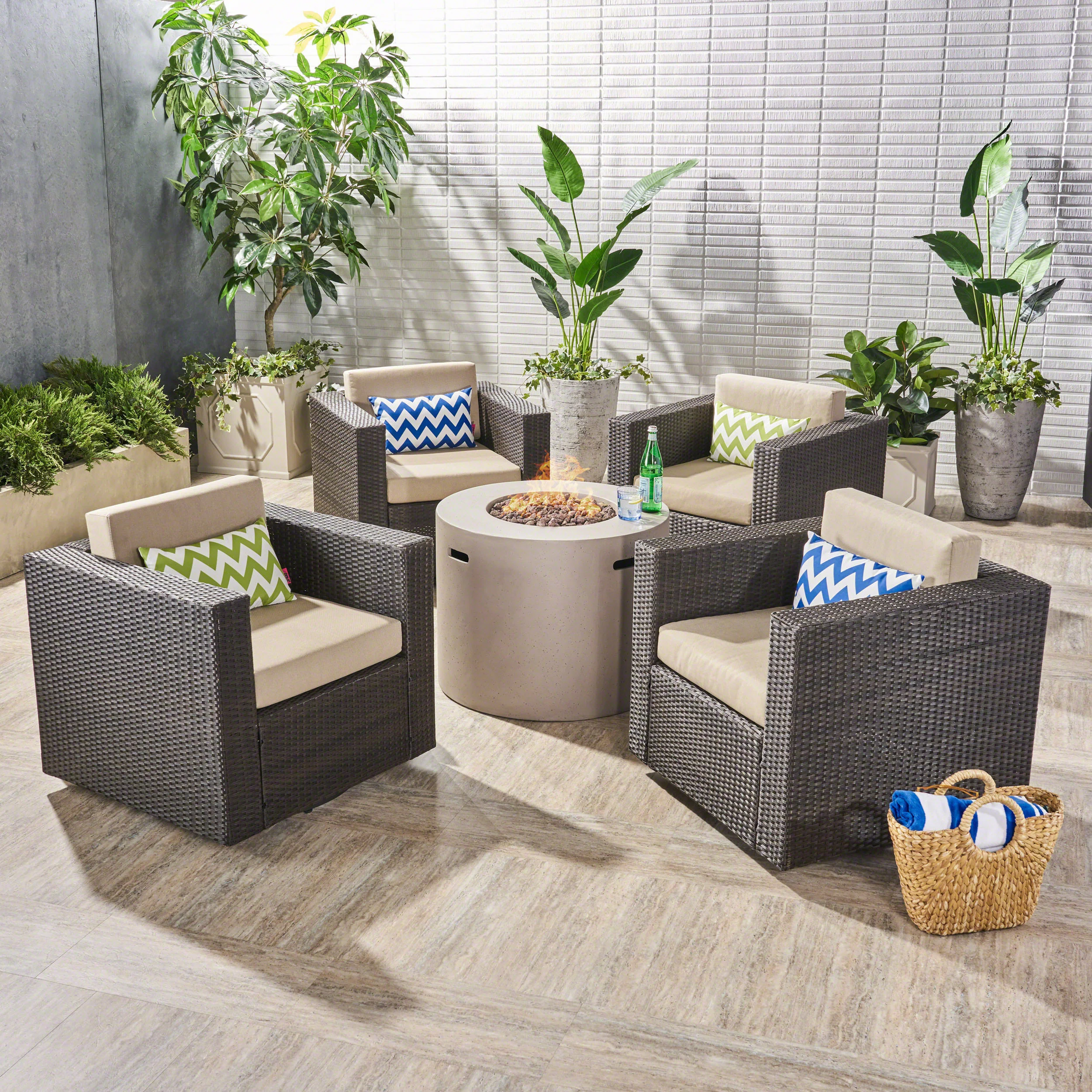 Leon Outdoor 4 Piece Swivel Club Chair Set with Round Fire Pit - furnishings
