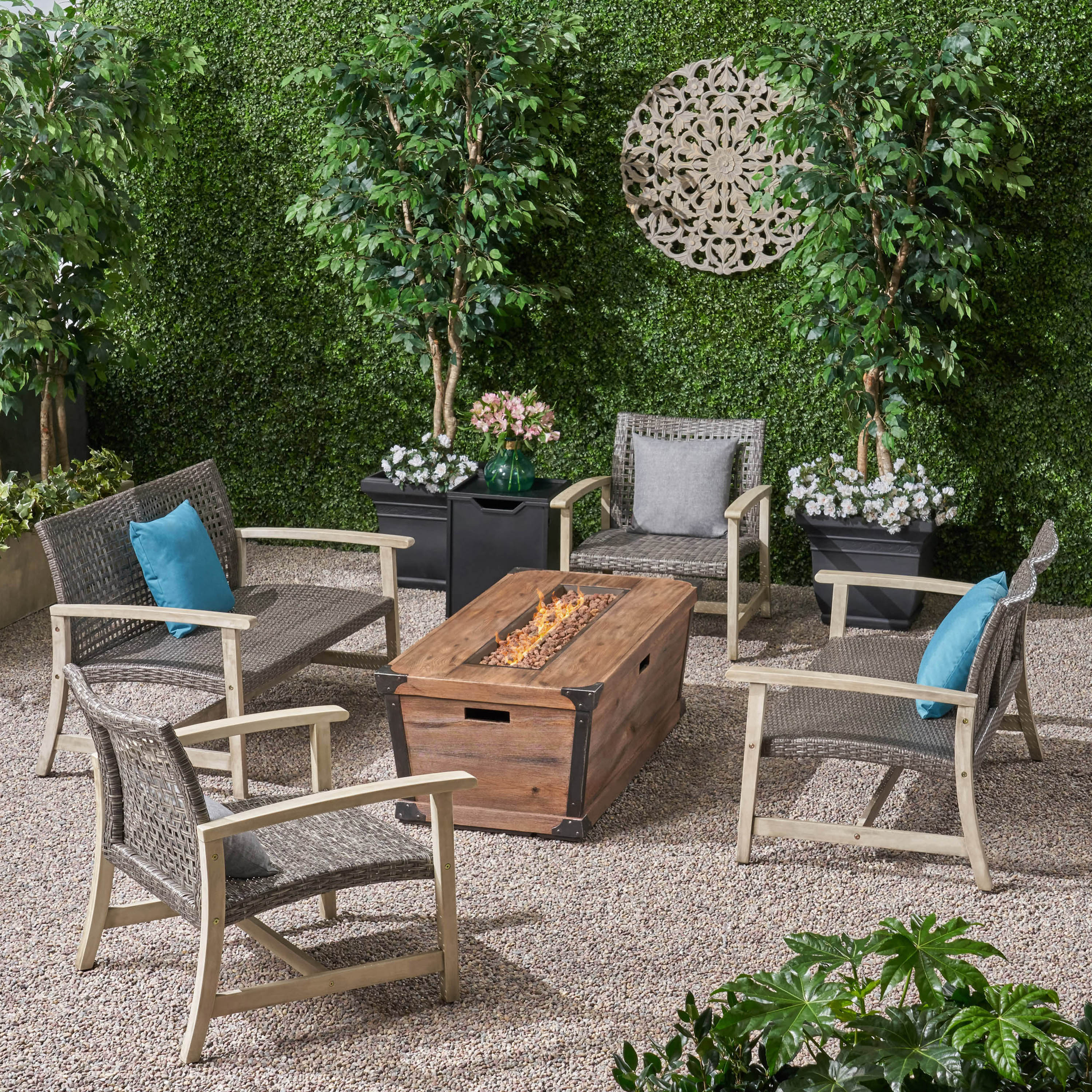 Levant Outdoor 4 Piece Wood and Wicker Chat Set with Fire Pit - furnishings