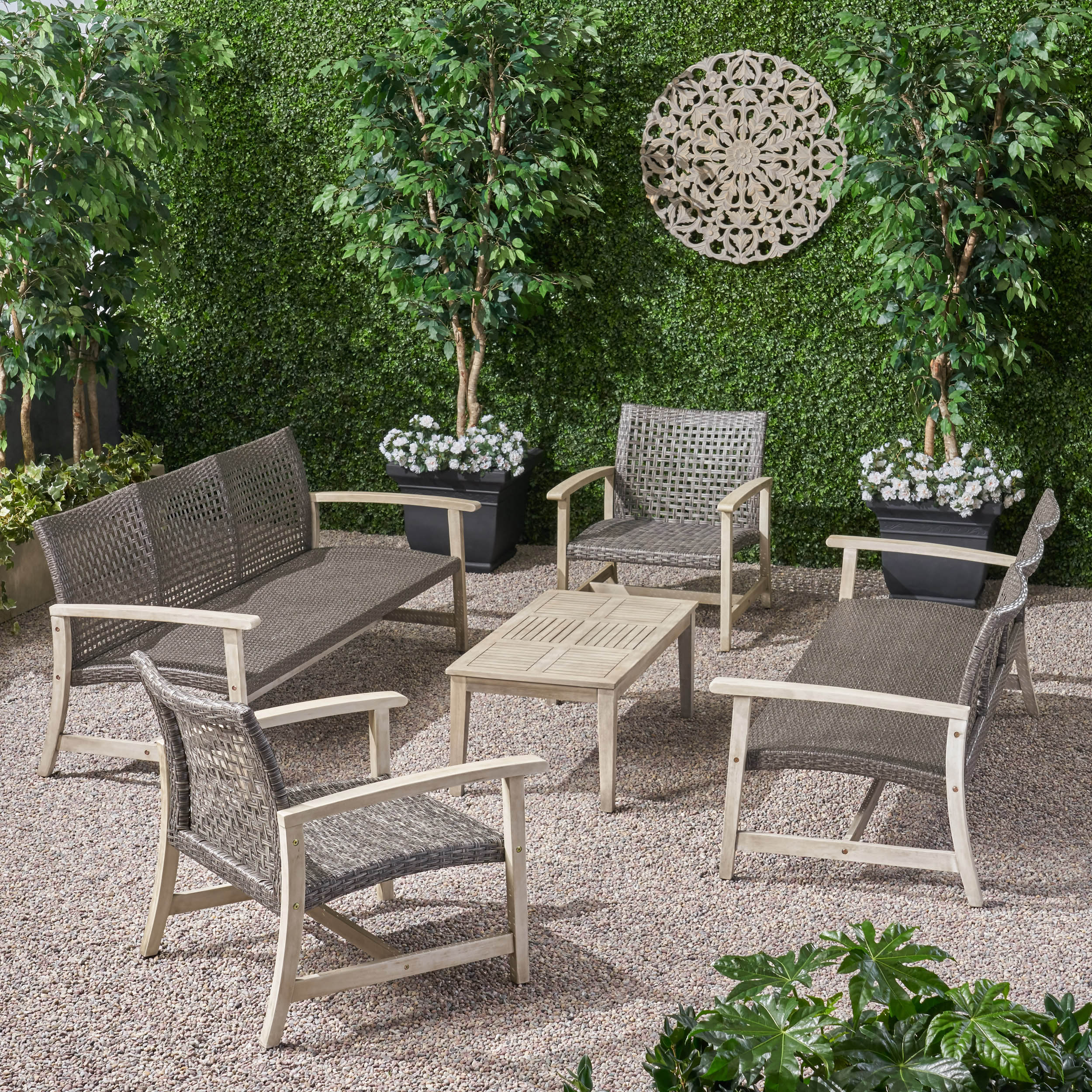 Alyssa Outdoor 5 Piece Wood and Wicker Sofa Chat Set - furnishings