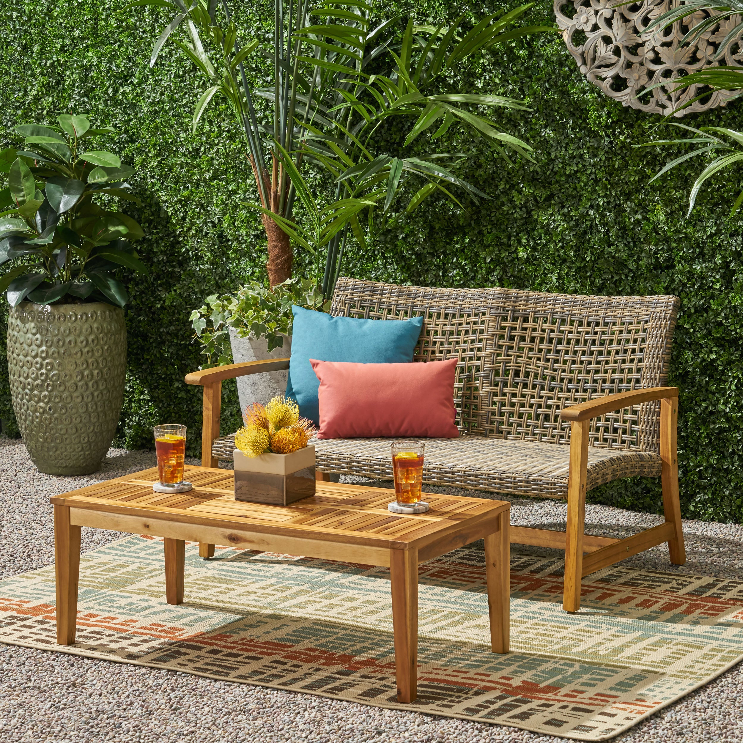 Spring Spender Outdoor Wood and Wicker Loveseat and Coffee Table Set - furnishings