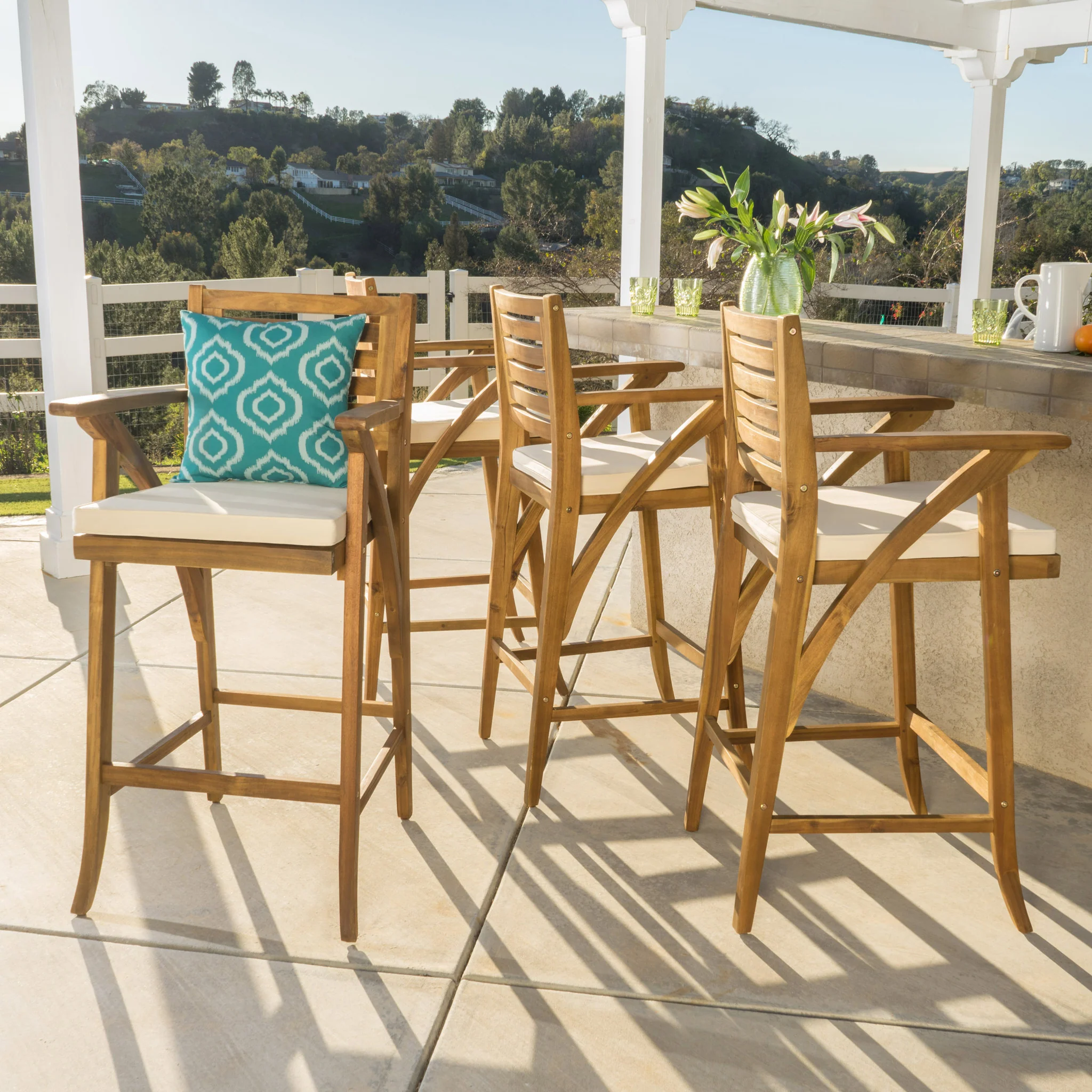 Anguilla 30-Inch Teak Finish Acacia Wood Outdoor Barstools - furnishings