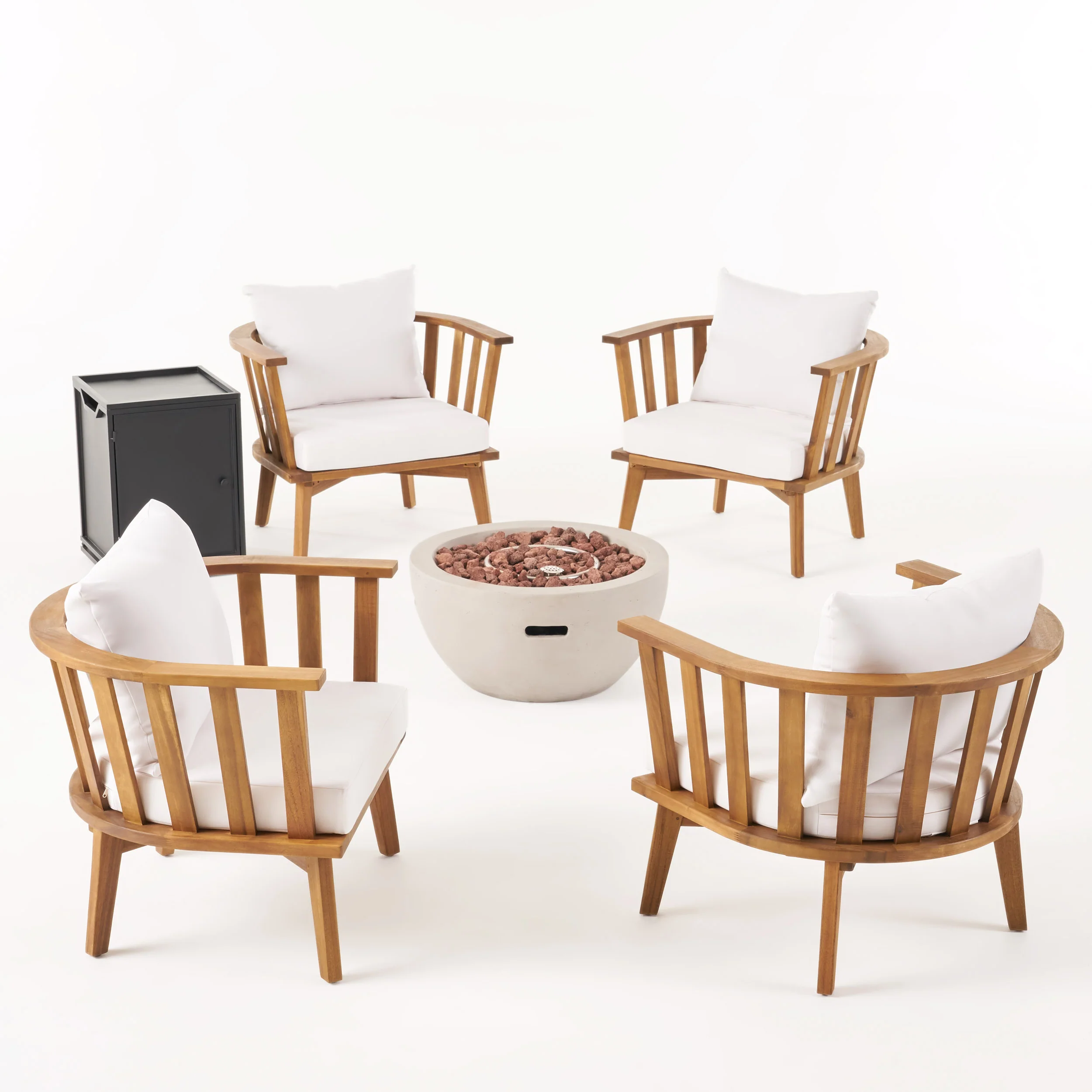 Trent Outdoor Acacia Wood 4 Seater Club Chairs and Fire Pit Set - furnishings
