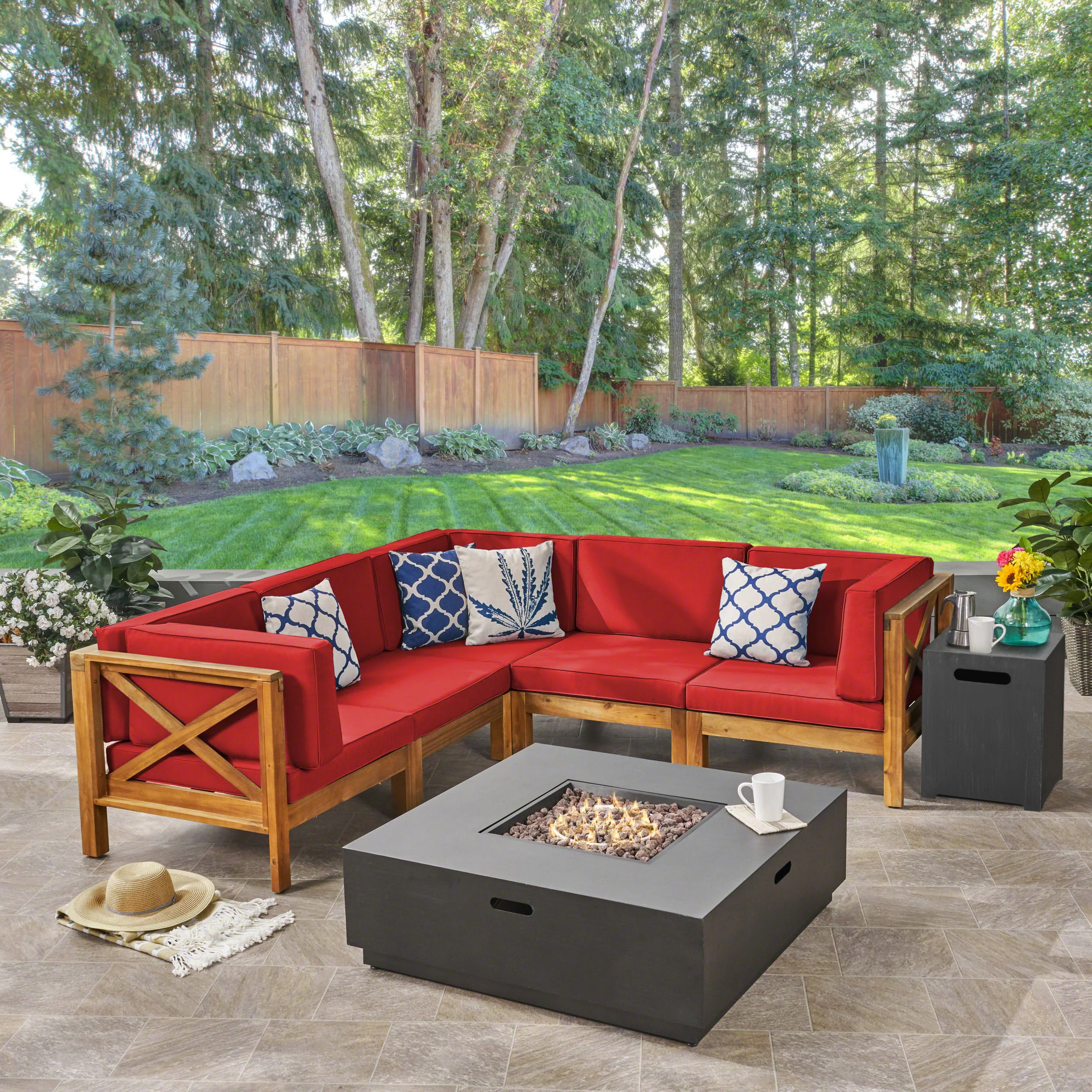 Gina Outdoor Acacia Wood 5 Seater Sectional Sofa Set with Fire Pit - furnishings