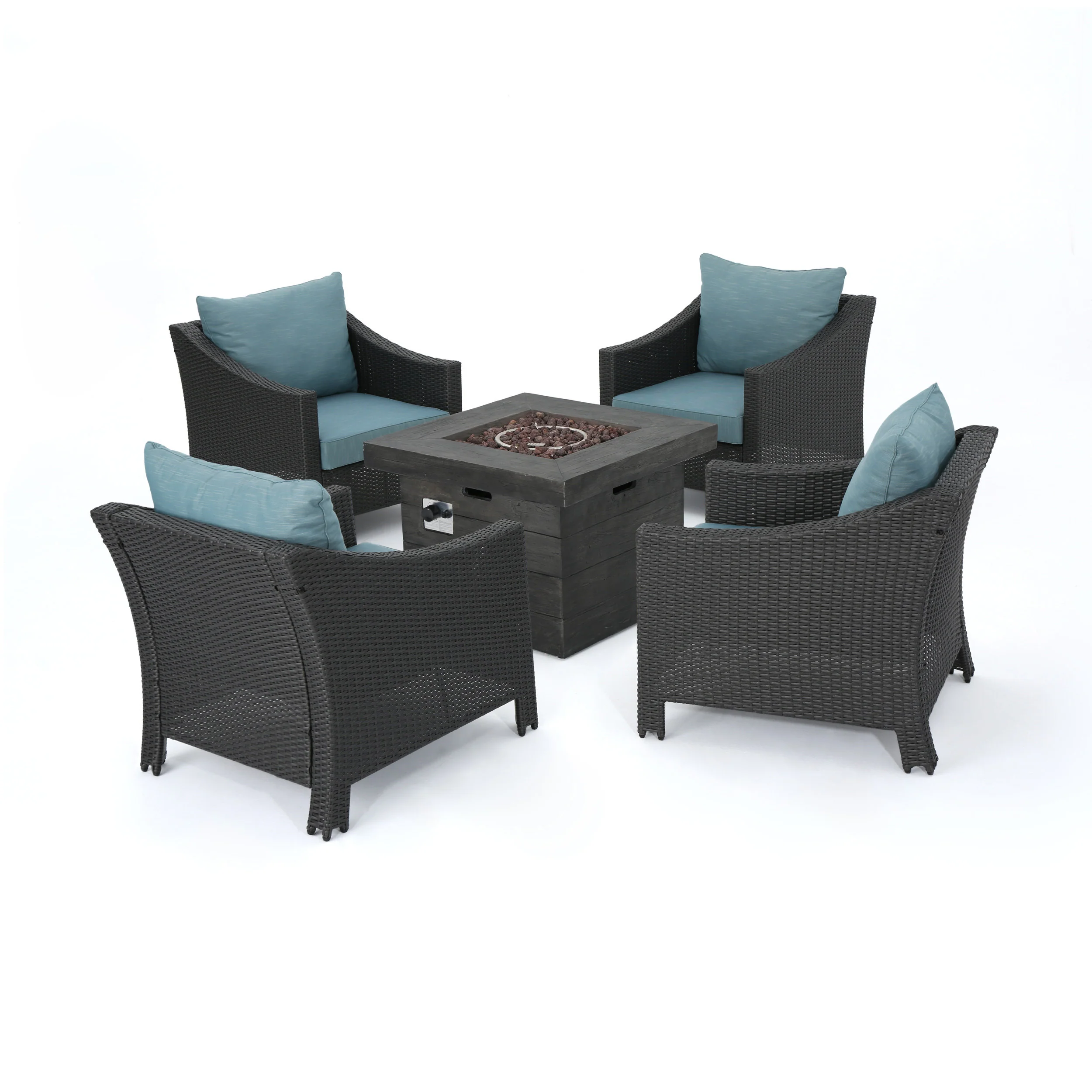 Aspen Outdoor 5 Piece Wicker Water Resistant Cushion Chat Set with Fire Pit - furnishings