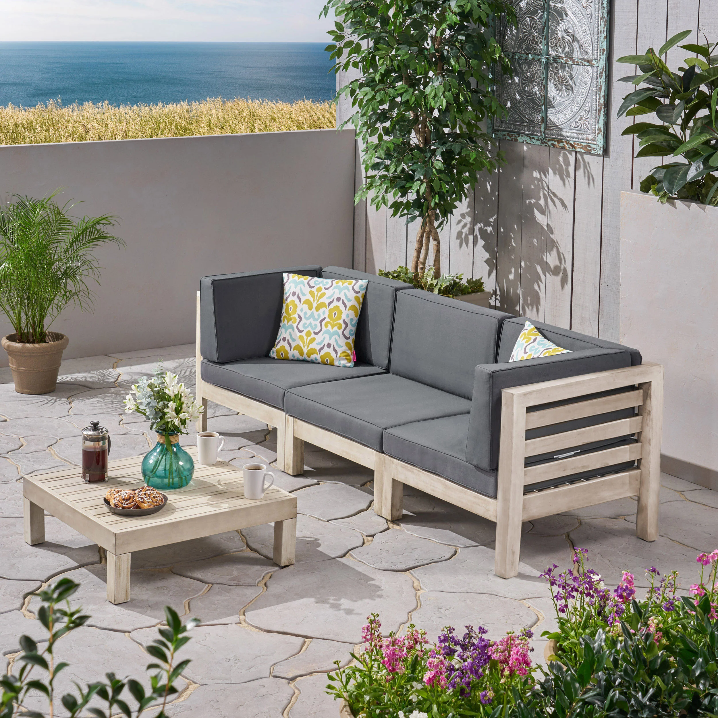 Dawson Outdoor Sectional Sofa Set with Coffee Table - 4-Piece 3-Seater - Acacia Wood - Outdoor Cushions - furnishings