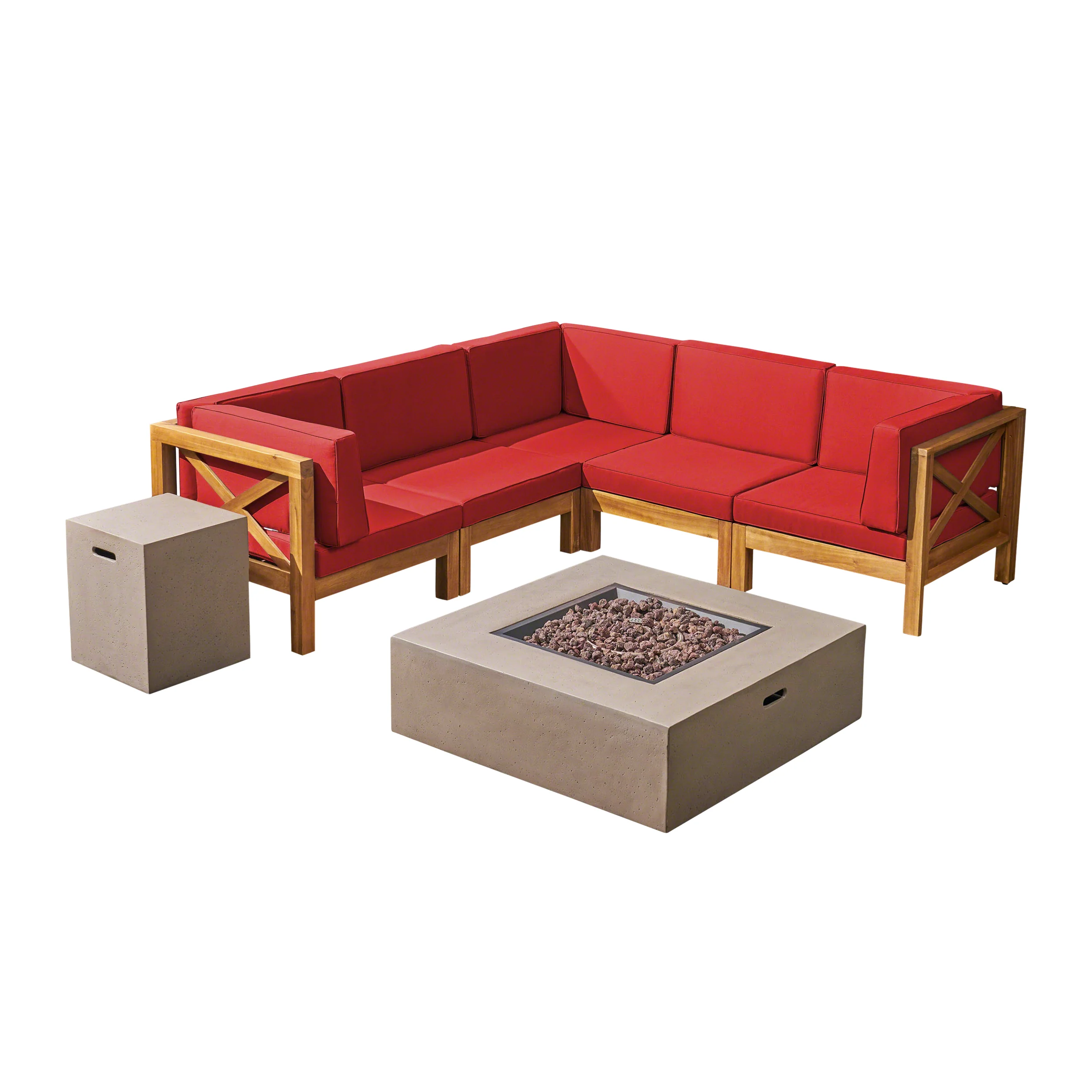Cynthia Outdoor Acacia Wood 7-Piece Sectional Sofa Set with Fire Pit - furnishings