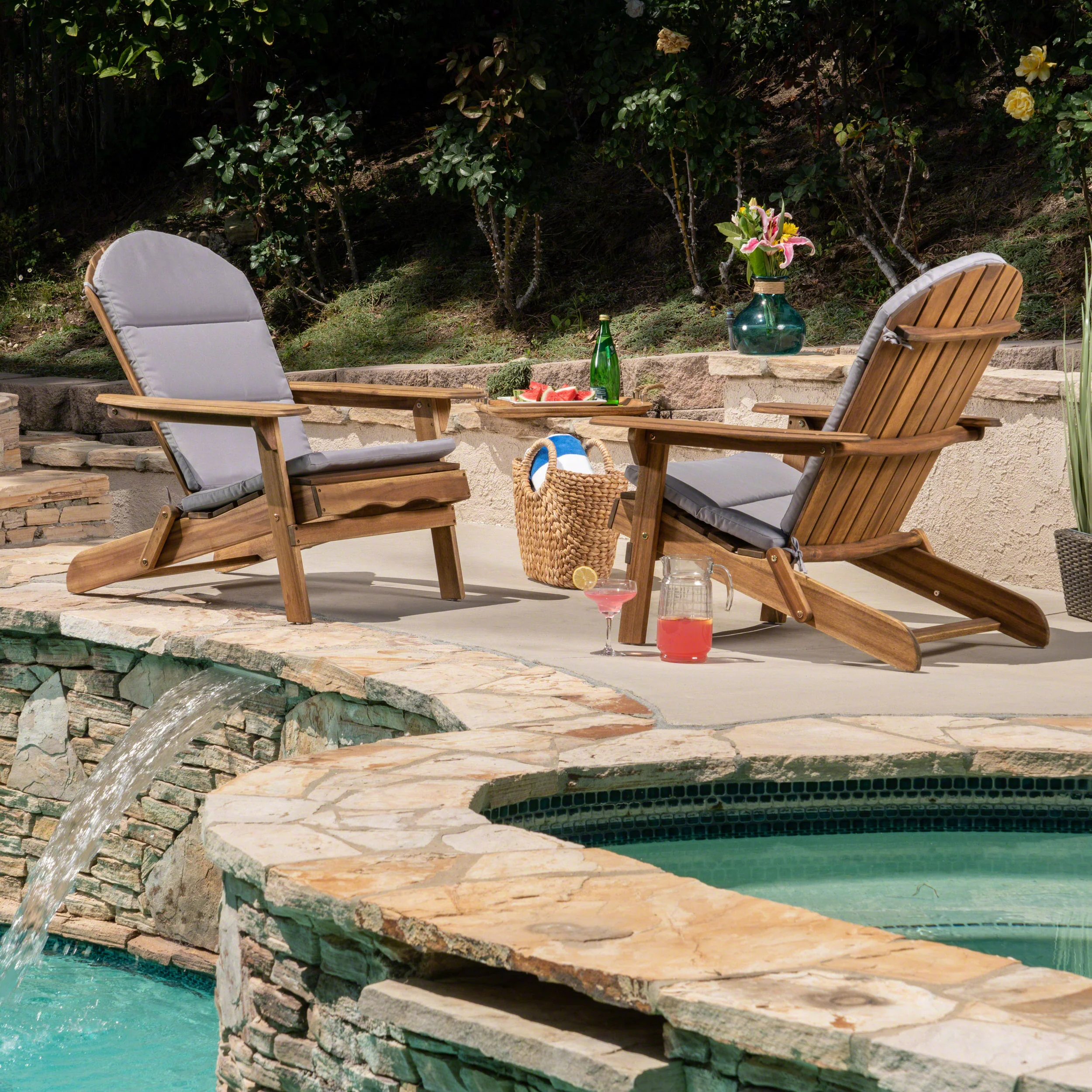 Amenda Outdoor Acacia Wood Folding Adirondack Chairs with Cushions - furnishings