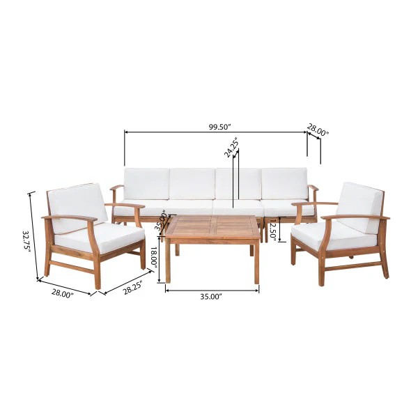 Scarlett Outdoor 6 Seat Teak Finished Acacia Wood Sofa and Table Set - furnishings