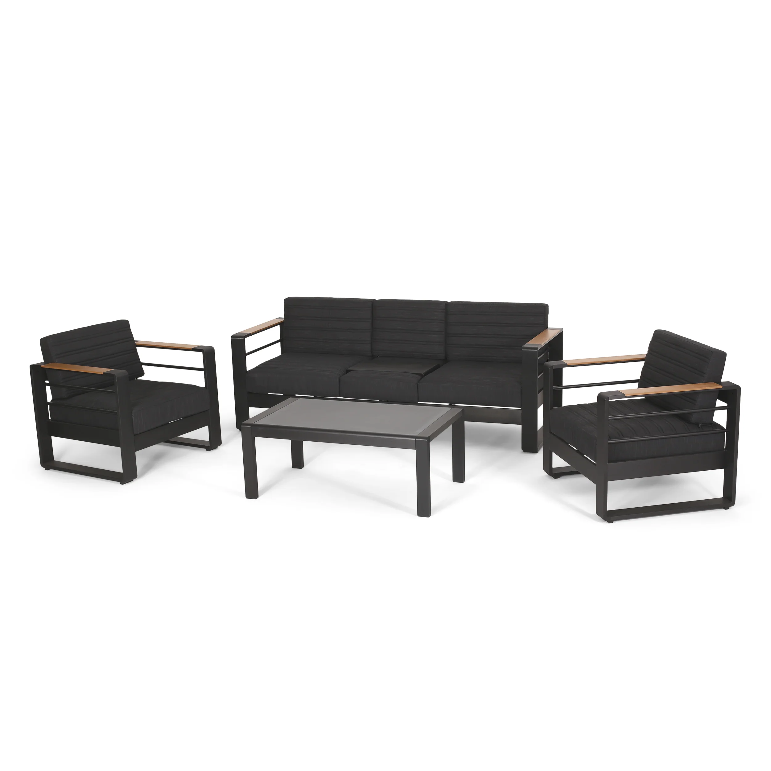 Neffs Outdoor Aluminum 5 Seater Chat Set with Water Resistant Cushions, Black, Natural, and Dark Gray - furnishings