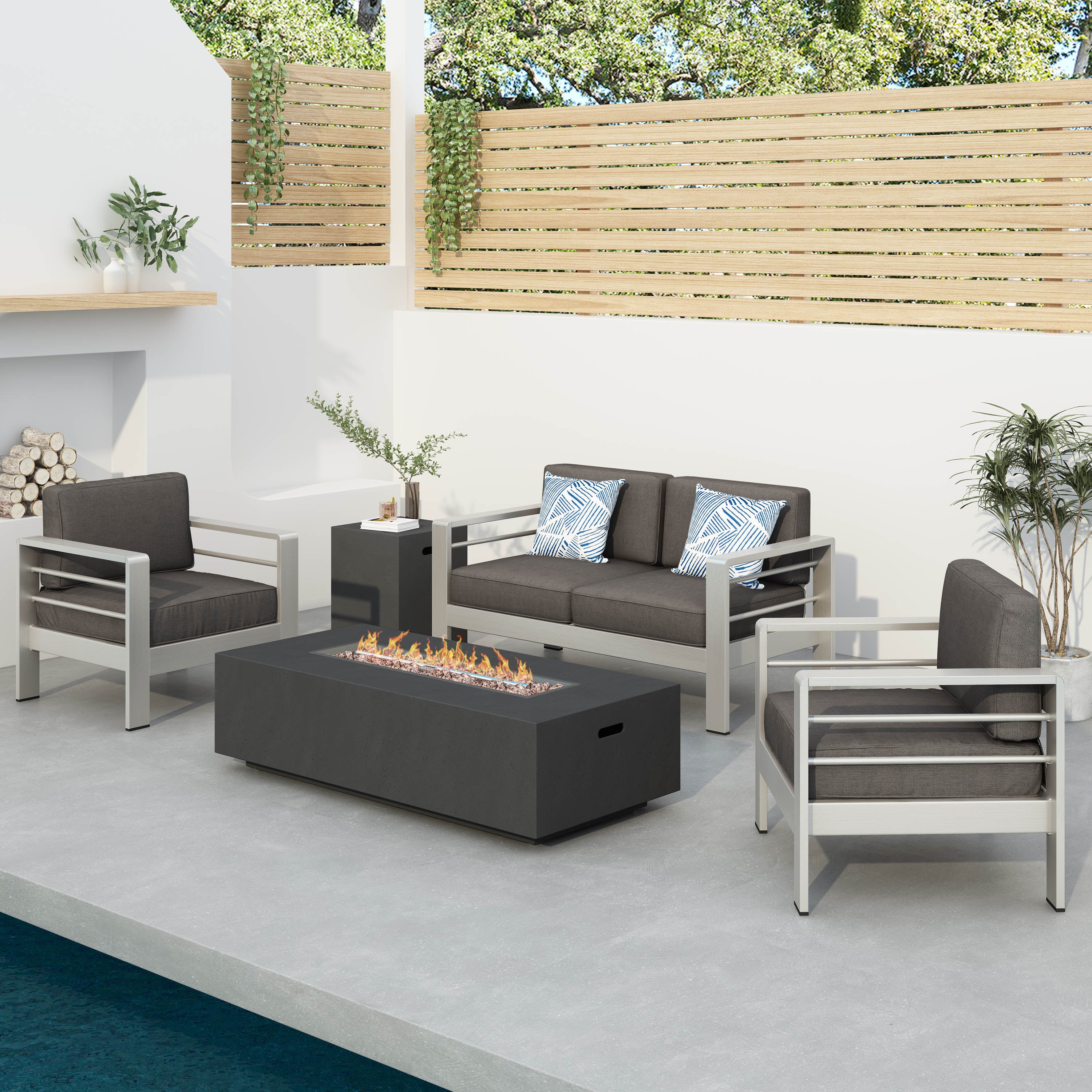 Crested Bay Outdoor 5 Piece Chat Set with Cushions and Fire Pit - furnishings