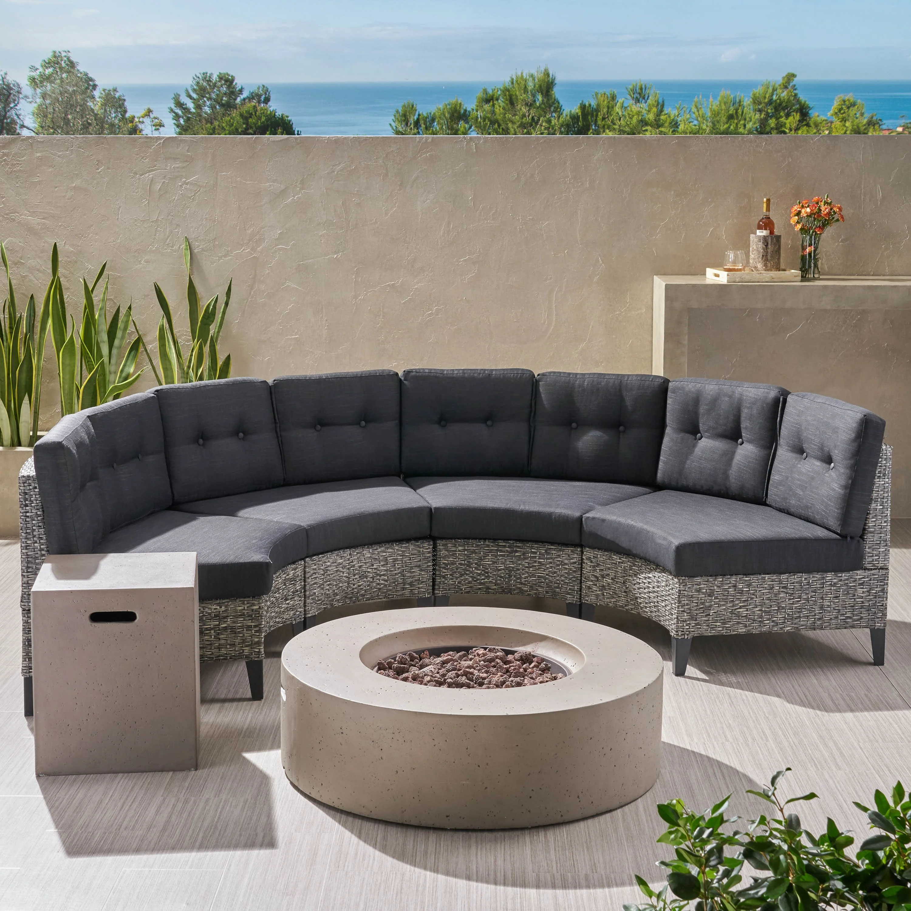 Nessett Outdoor 6 Piece Mixed Black Wicker Half Round Sofa Set with Light Grey Fire Table - furnishings