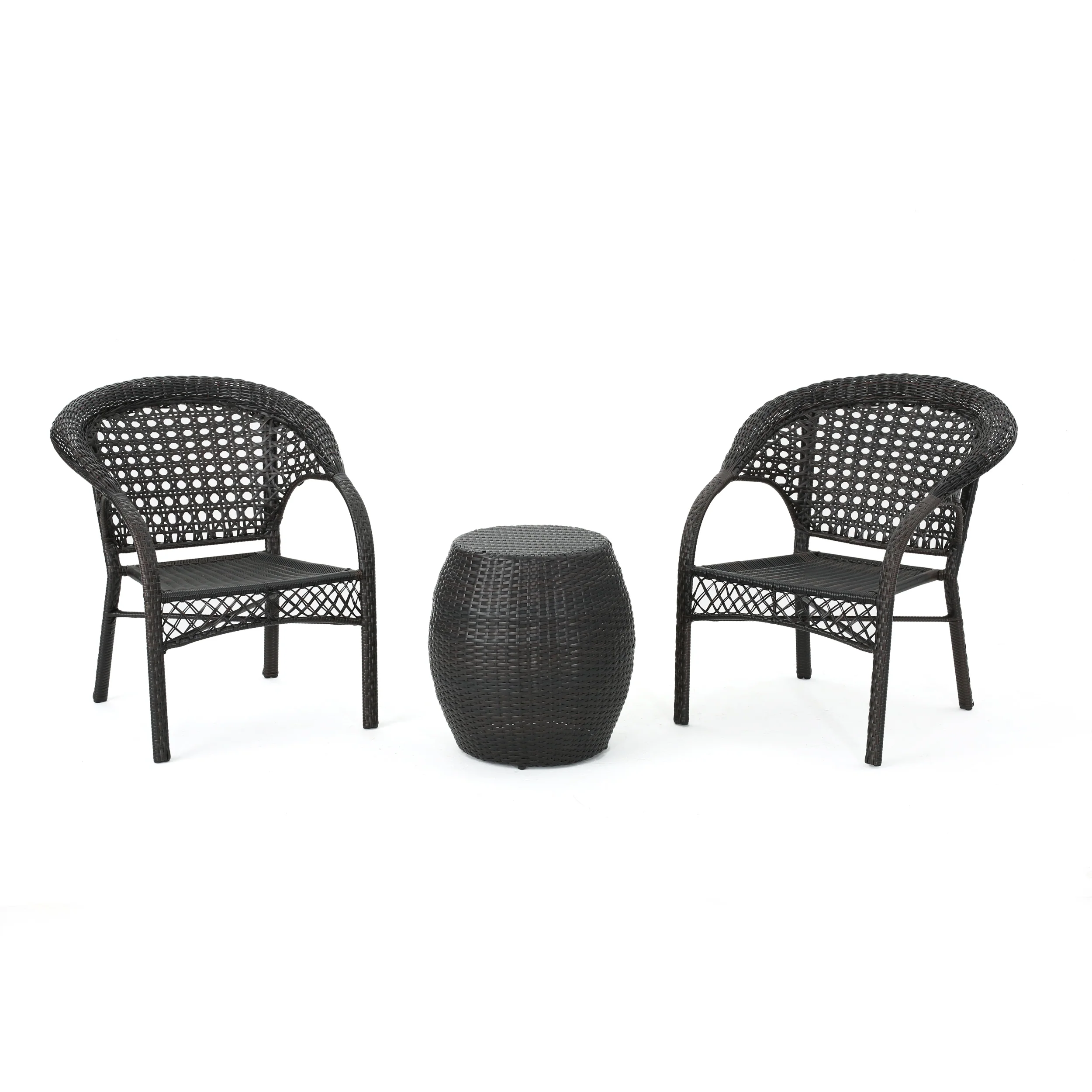 Lester Outdoor 3-Piece Multi-Brown Wicker Chat Set with Drum Table - furnishings