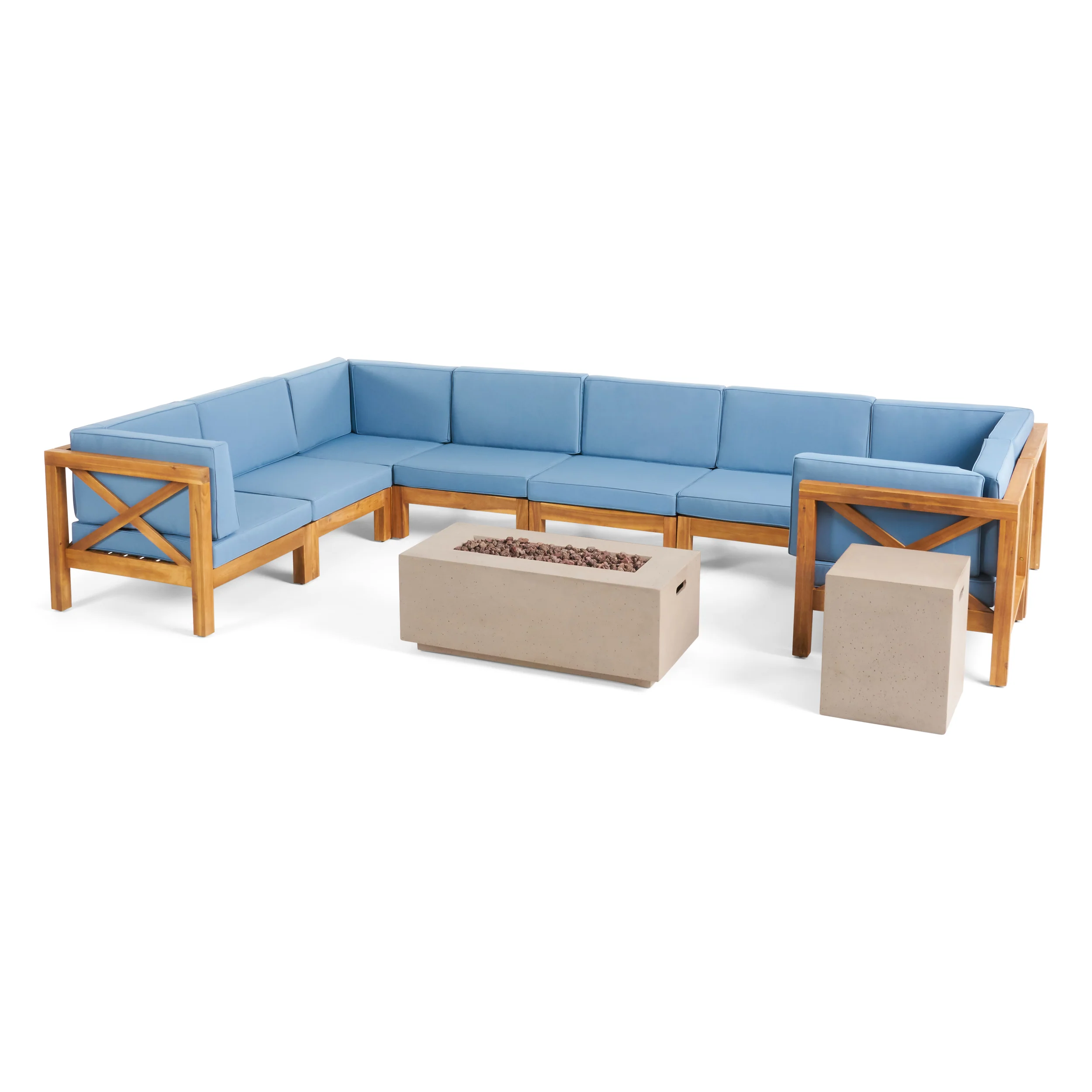 Cynthia Outdoor Acacia Wood 8 Seater U-Shaped Sectional Sofa Set with Fire Pit - furnishings