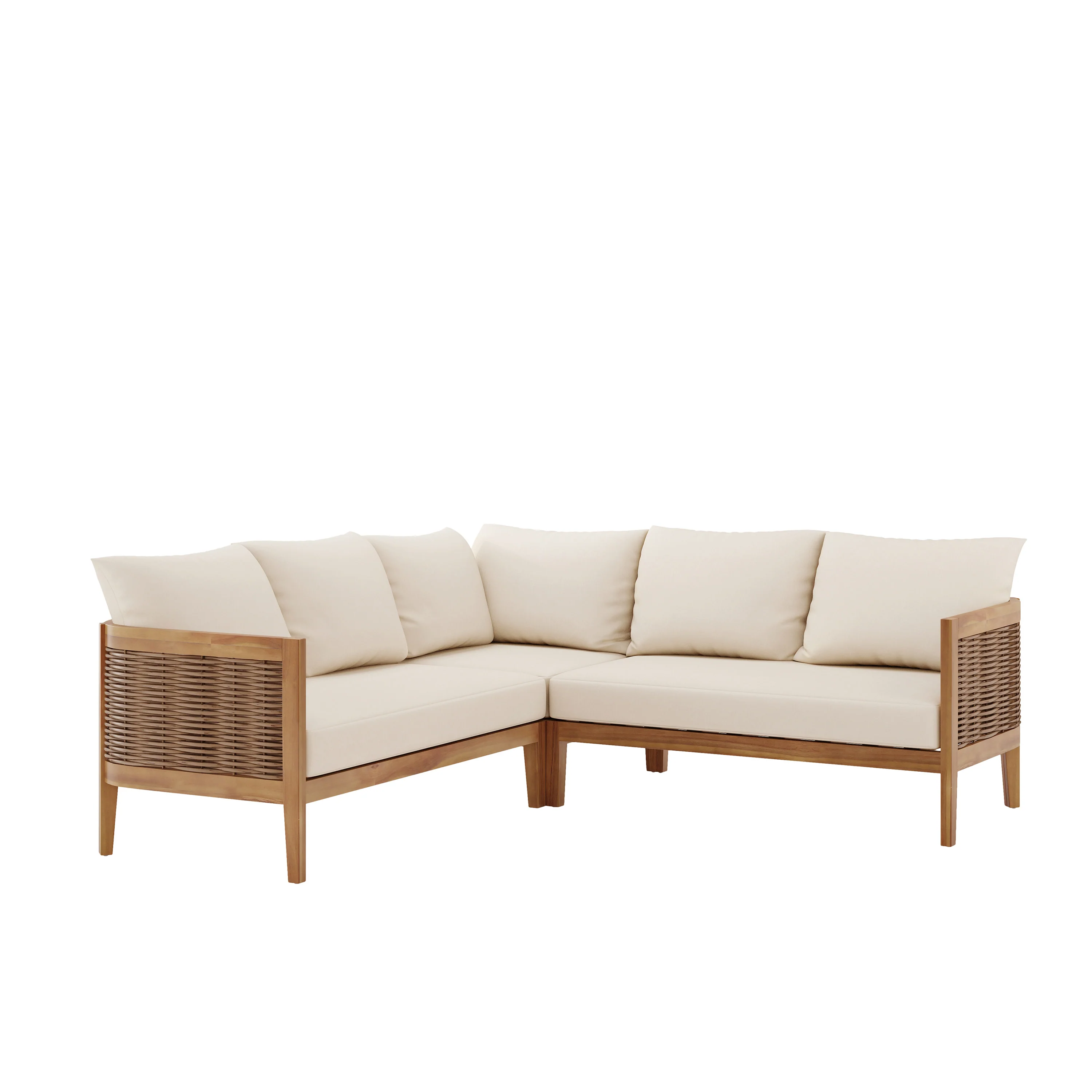 The Crowne Collection Outdoor Acacia Wood and Round Wicker 5 Seater Sectional Sofa Set with Cushions, Teak, Mixed Brown, and Beige - furnishings