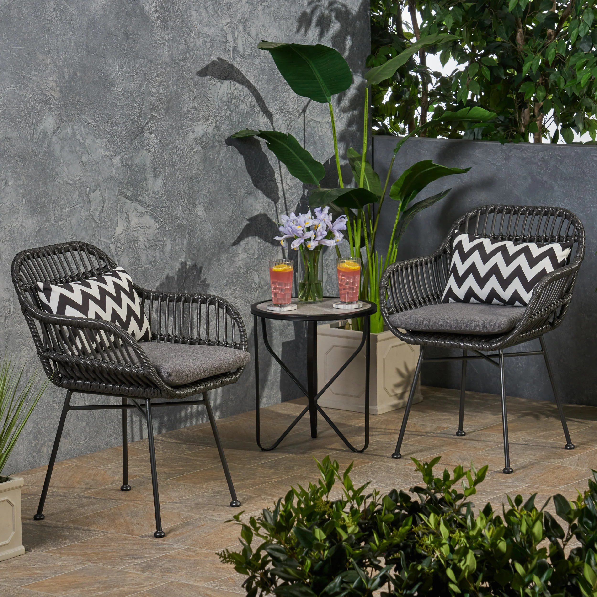 Rodney Outdoor Woven Faux Rattan Chairs with Cushions (Set of 2) - furnishings