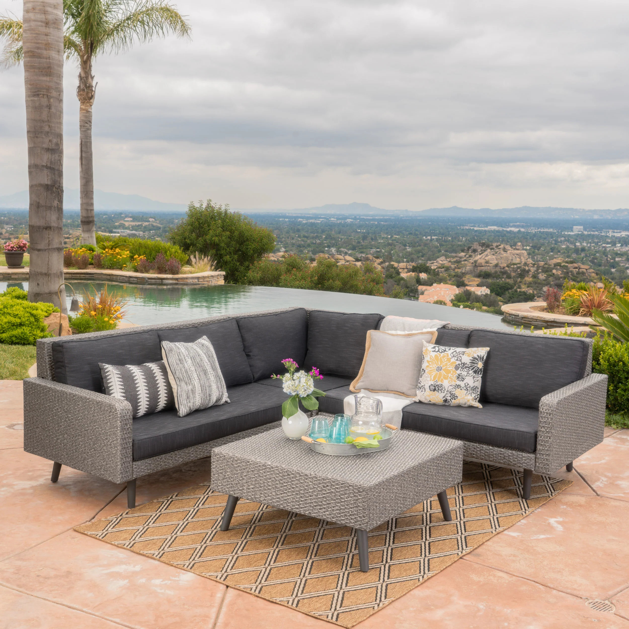 Hensley Outdoor Wicker 5 Seater Sectional Sofa Chat Set with Cushions, Mixed Black and Dark Gray - furnishings