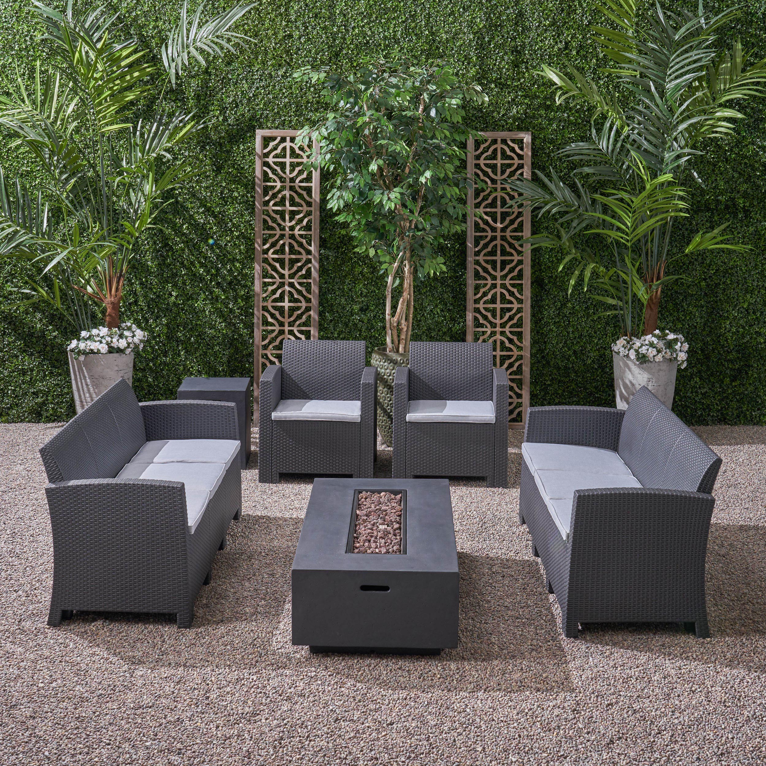 Morena Outdoor 8-Seater Wicker Print Chat Set with Fire Pit and Tank Holder - furnishings