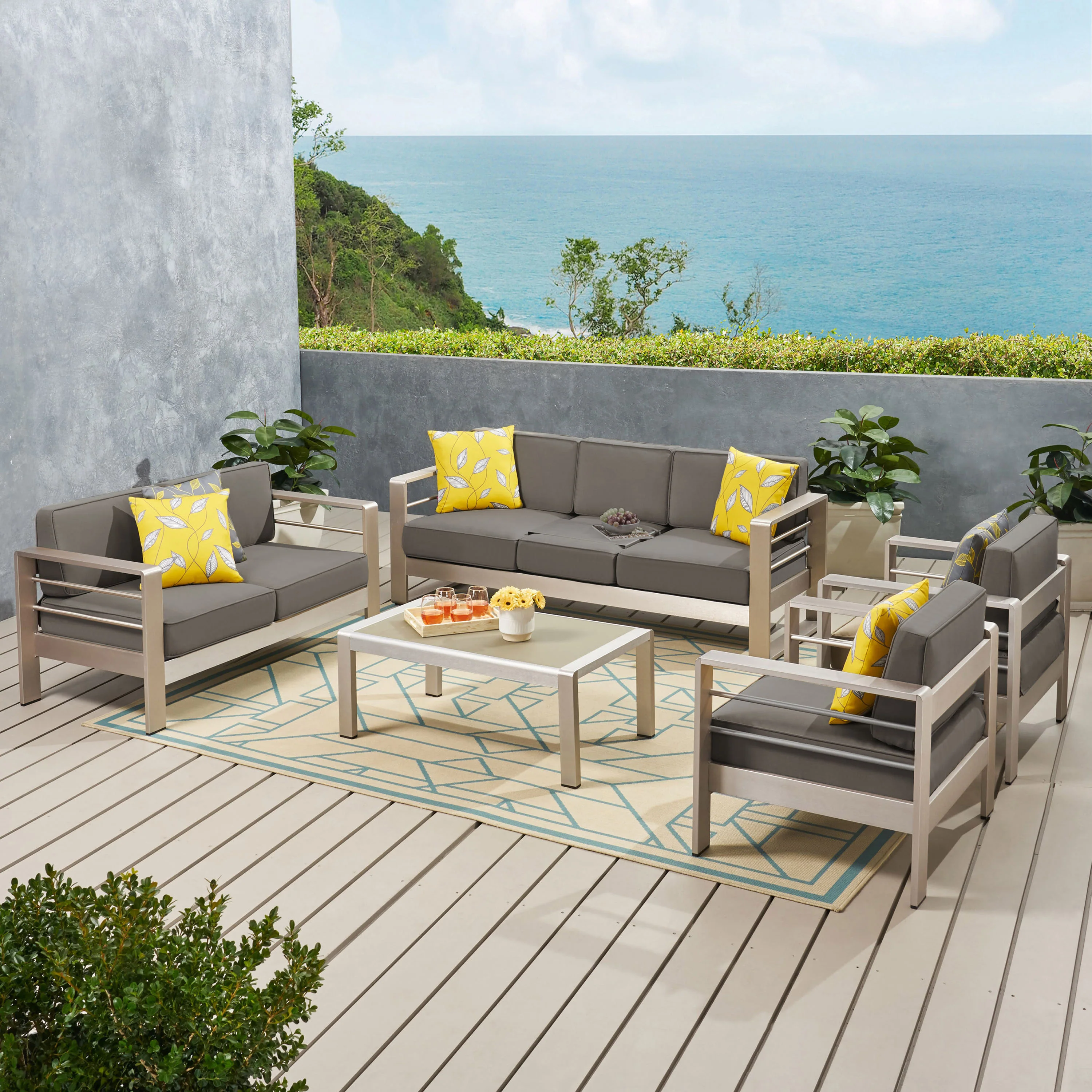 Crested Bay Outdoor Aluminum 7 Seater Chat Set with Cushions, Silver and Khaki - furnishings