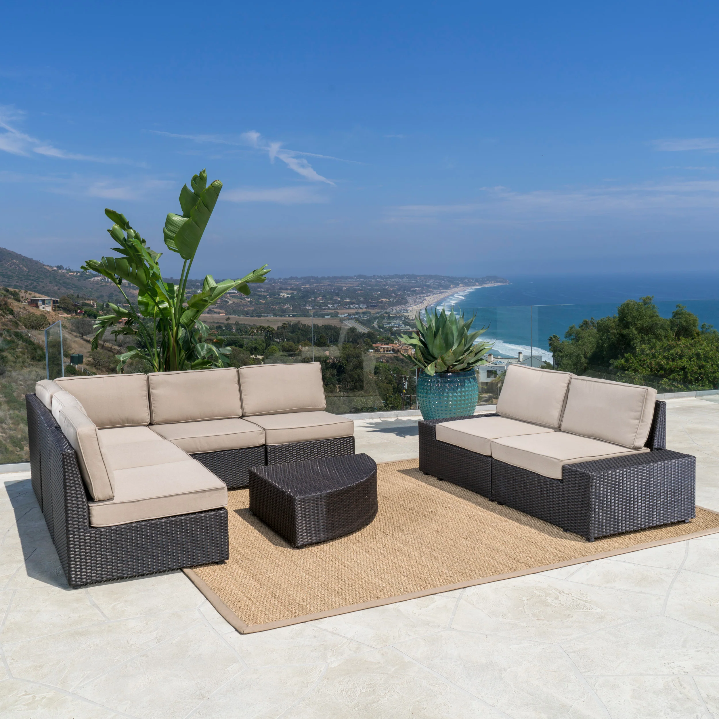 Reddington Outdoor 8 Piece Wicker Sofa Set with Water Resistant Cushions - furnishings