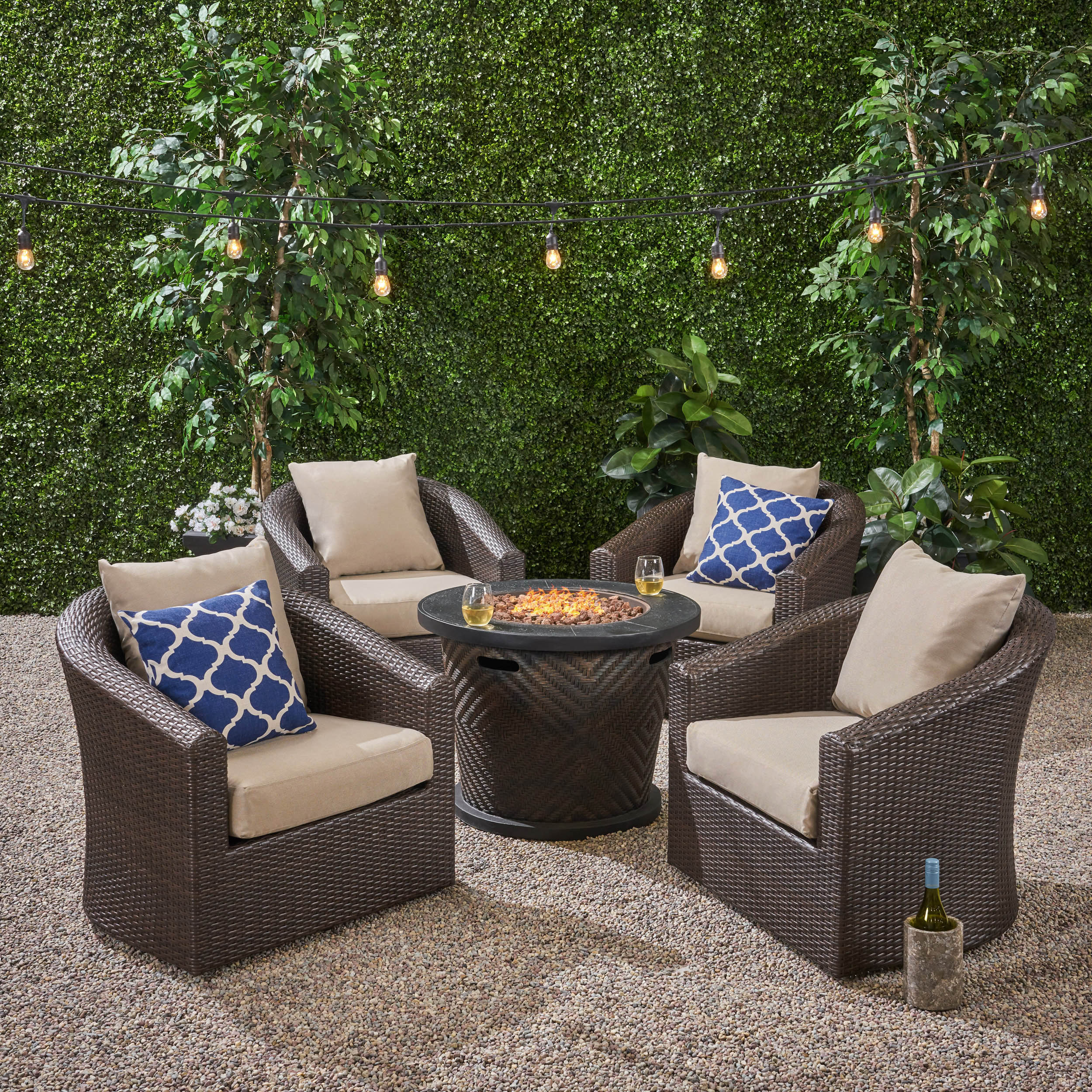 Liyam Outdoor 4 Piece Wicker Swivel Chair Set with Fire Pit, Multi Brown and Brown - furnishings