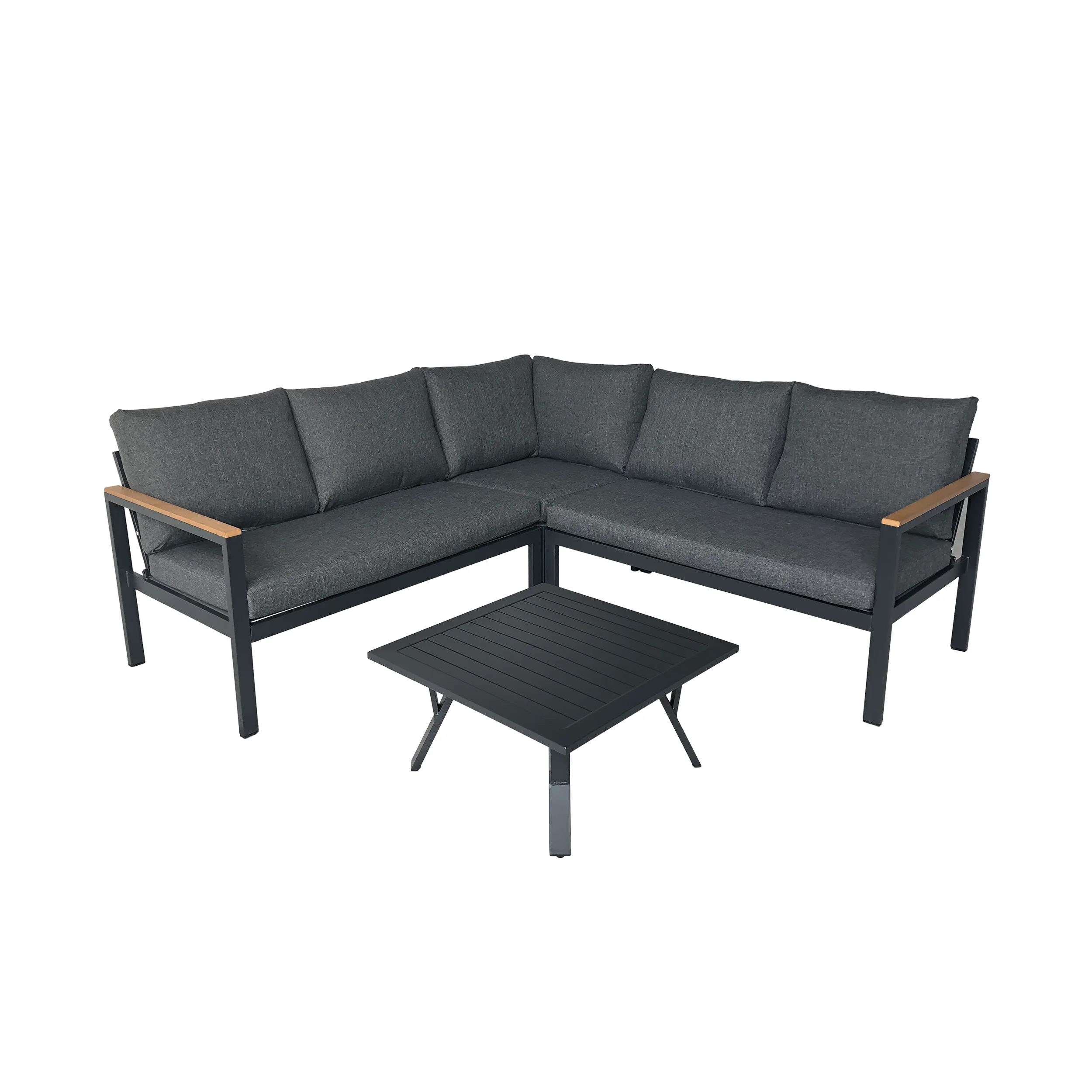 Jessica Outdoor Aluminum V-Shaped Sofa Set with Faux Wood Accents, Gray Finish and Gray - furnishings