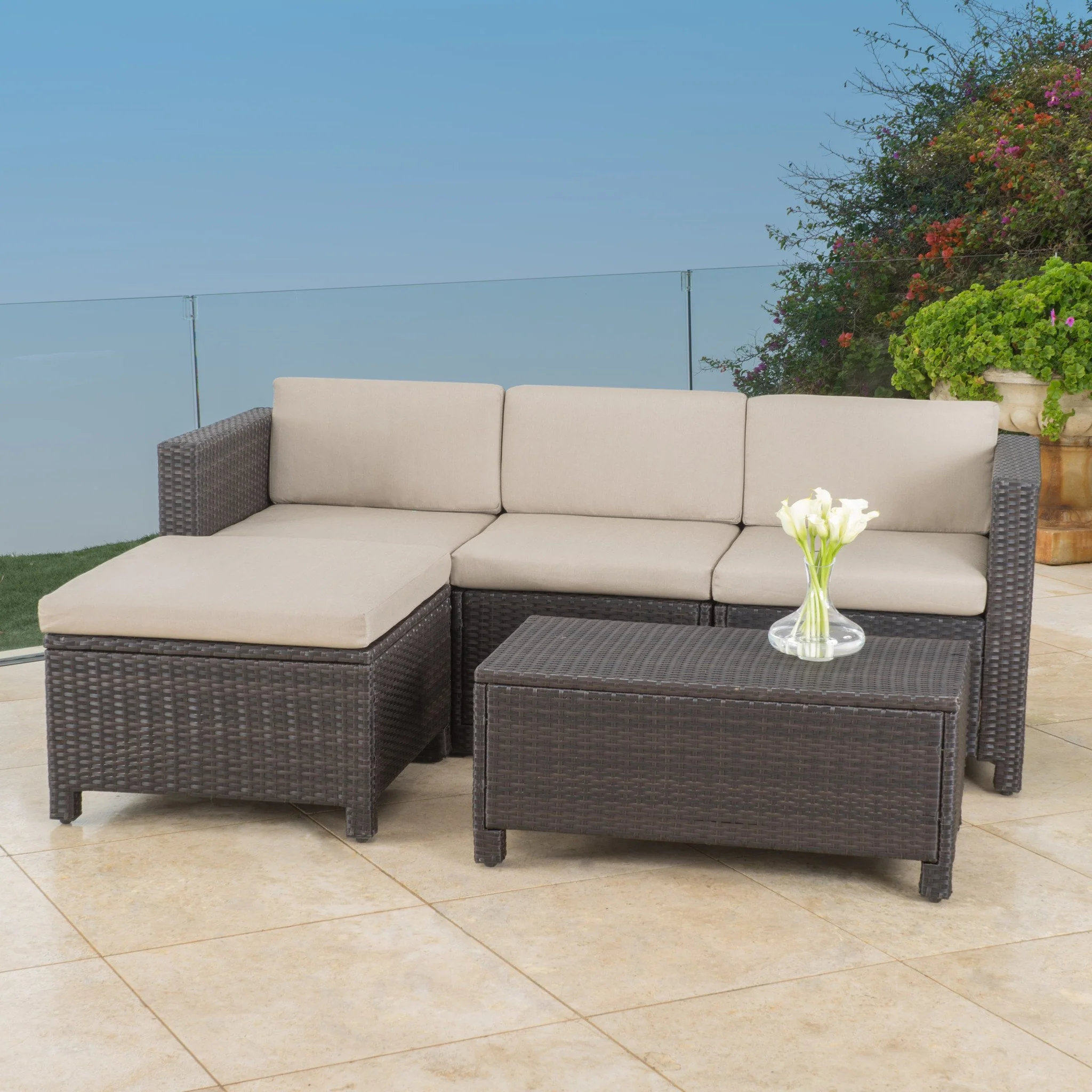 Lorita Outdoor 5-piece Dark Brown Wicker Sectional Sofa Set with Beige Cushions - furnishings