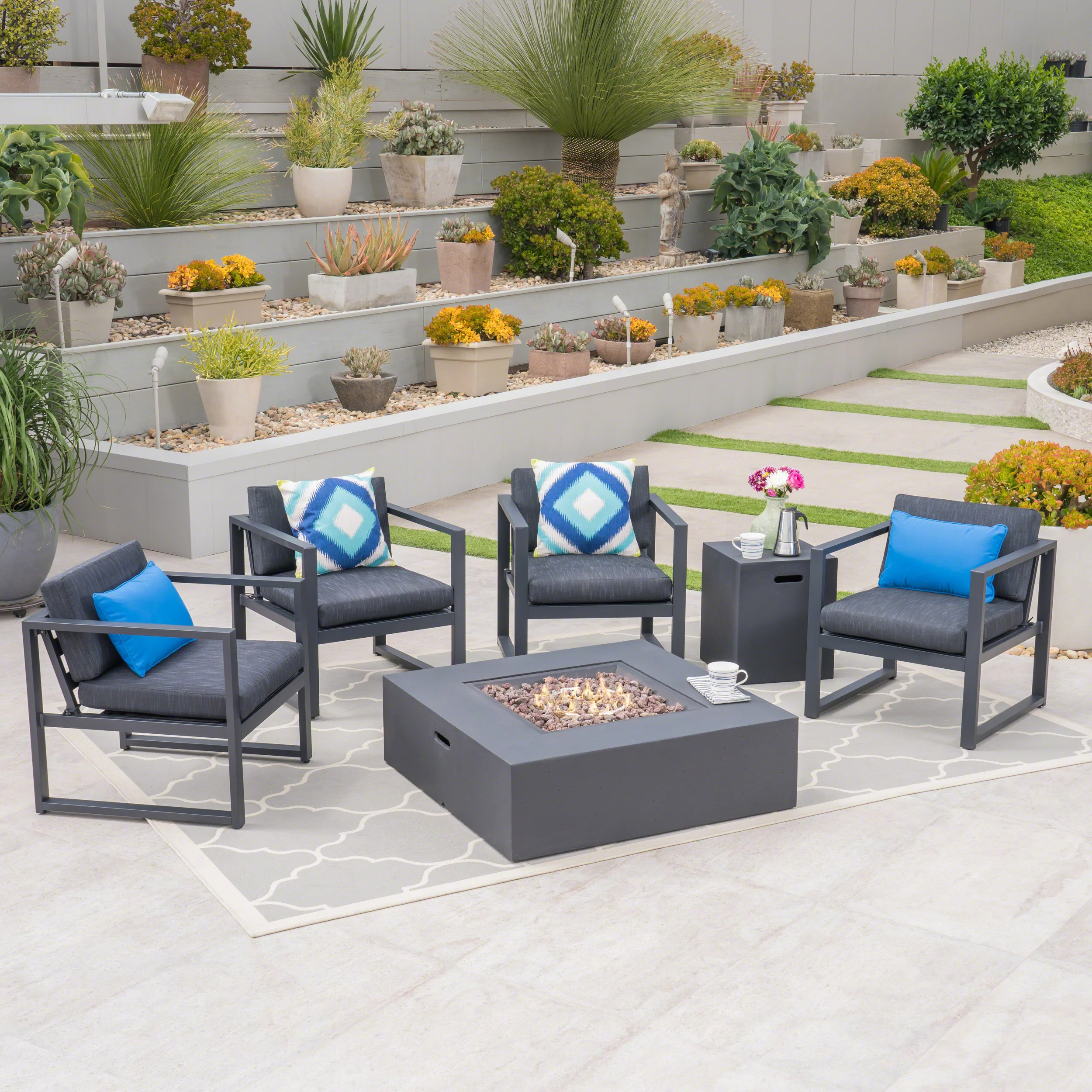 Wos Outdoor 4-Seater Aluminum Chat Set with Fire Pit, Black and Dark Gray - furnishings