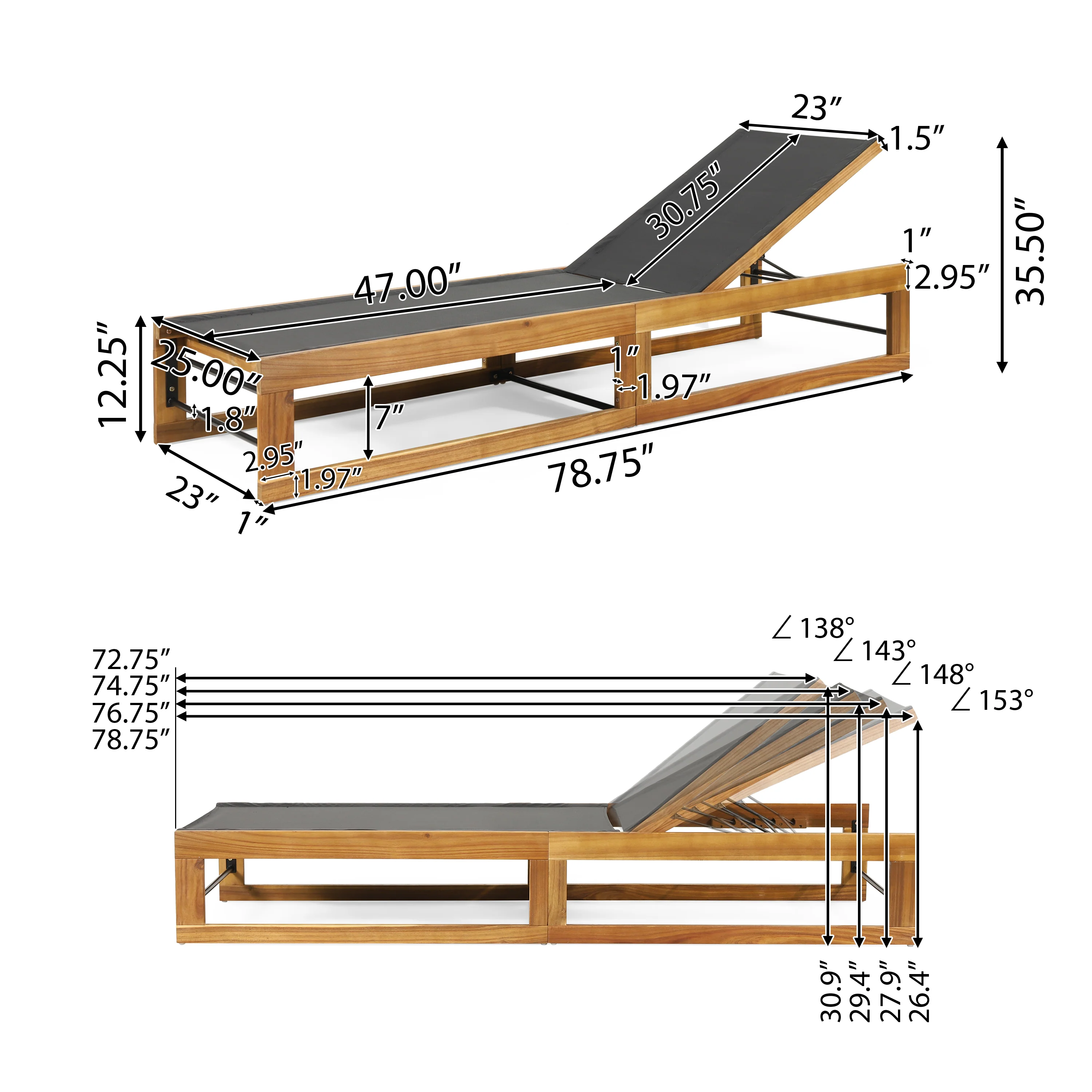 Leavitt Outdoor Mesh and Wood Adjustable Chaise Lounges, Set of 4, Black and Teak - furnishings